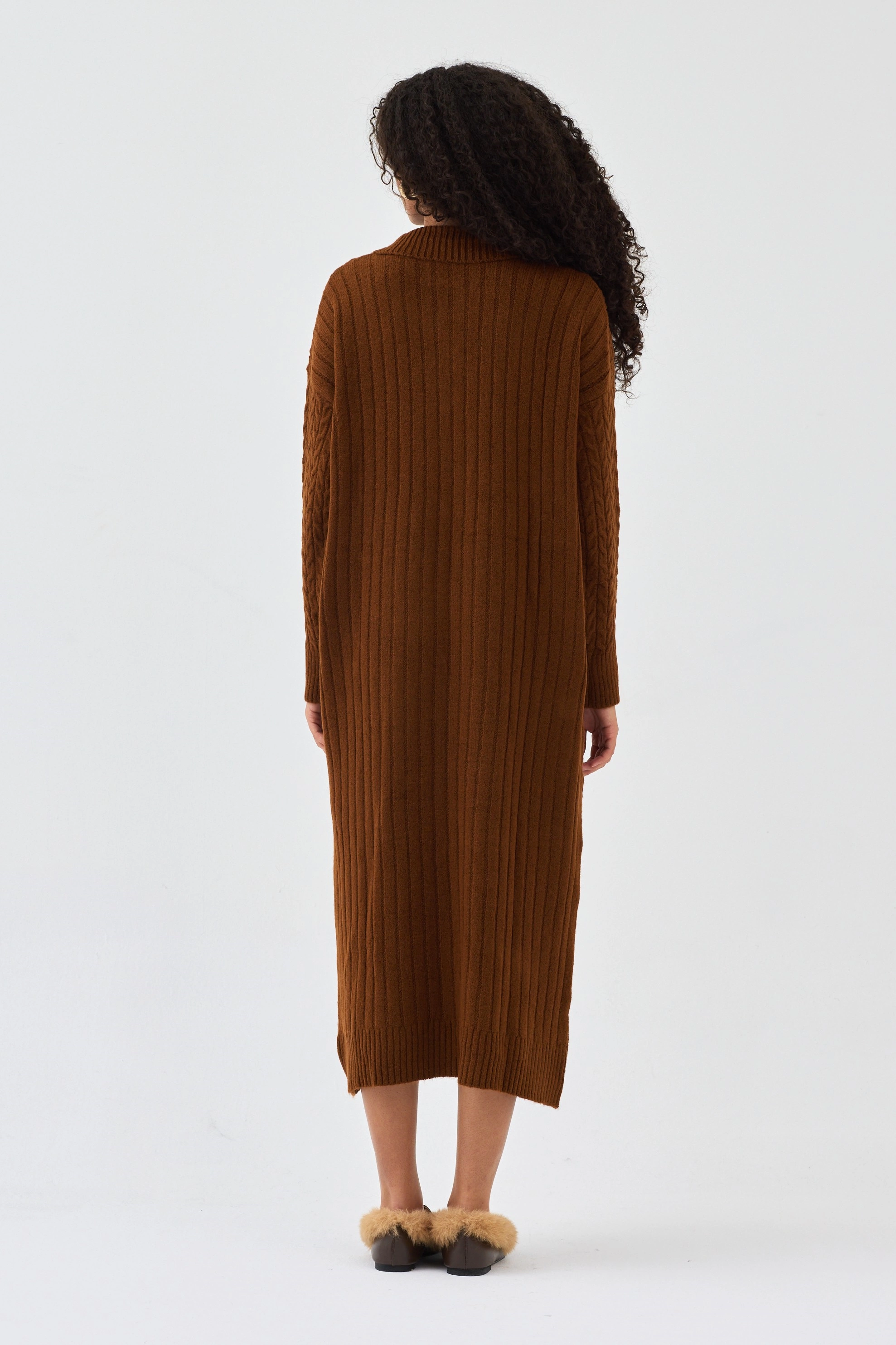 Qanu Lalezar Triko Elbise Kahverengi - Tesettür Giyim