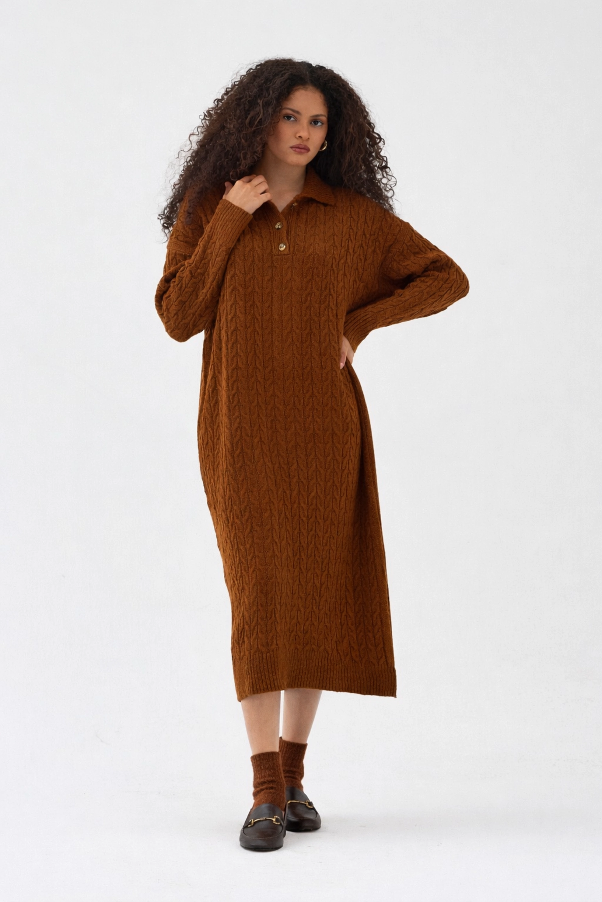 Qanu Lalezar Triko Elbise Kahverengi