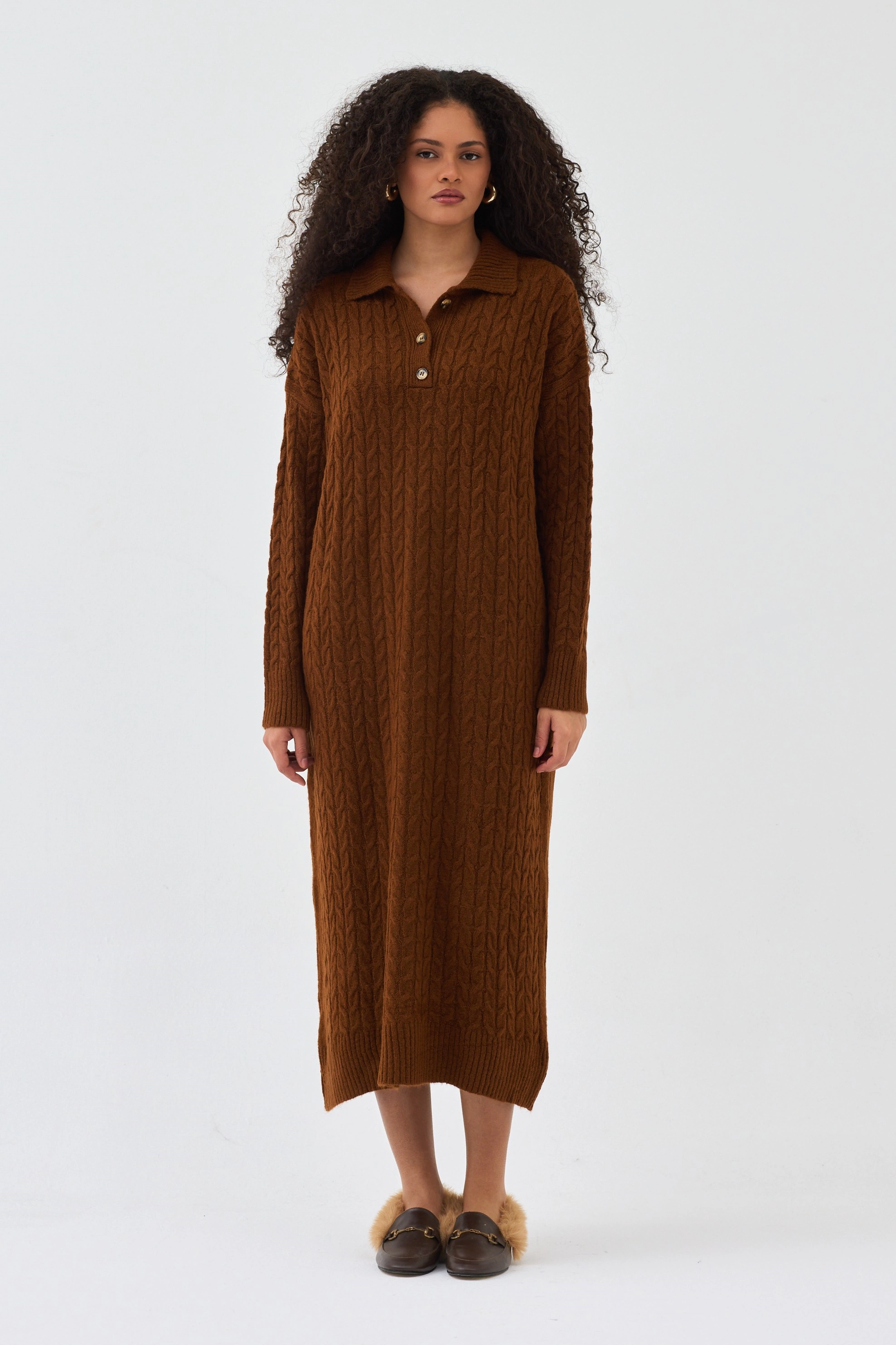 Qanu Lalezar Triko Elbise Kahverengi - Tesettür Giyim