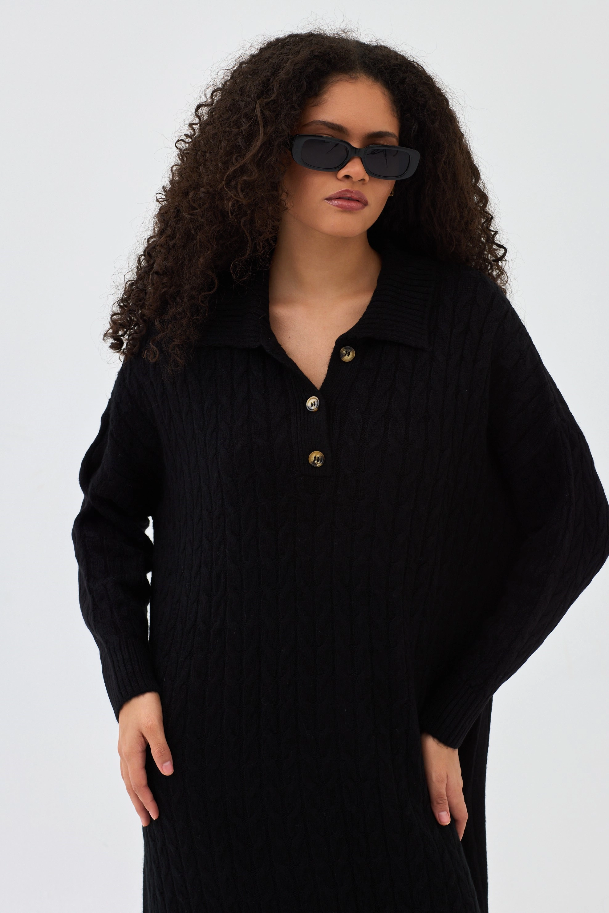 Qanu Lalezar Triko Elbise Siyah - Tesettür Giyim