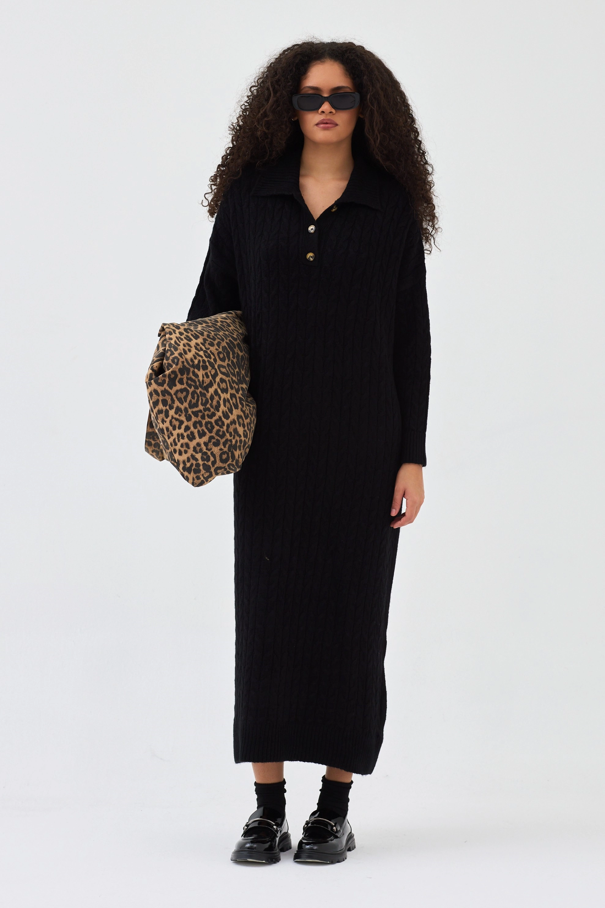 Qanu Lalezar Triko Elbise Siyah - Tesettür Giyim