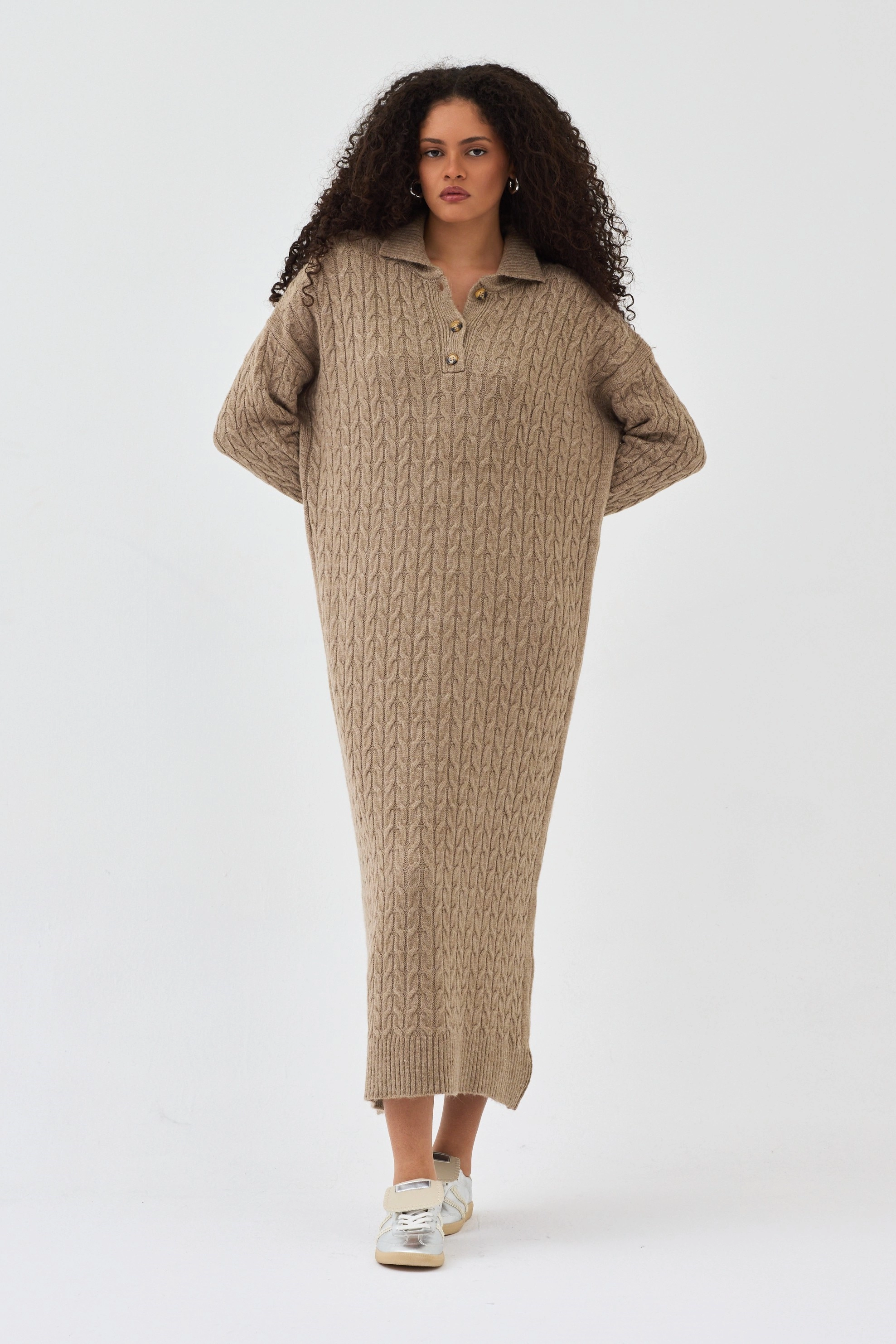 Qanu Lalezar Triko Elbise Vizon - Tesettür Giyim