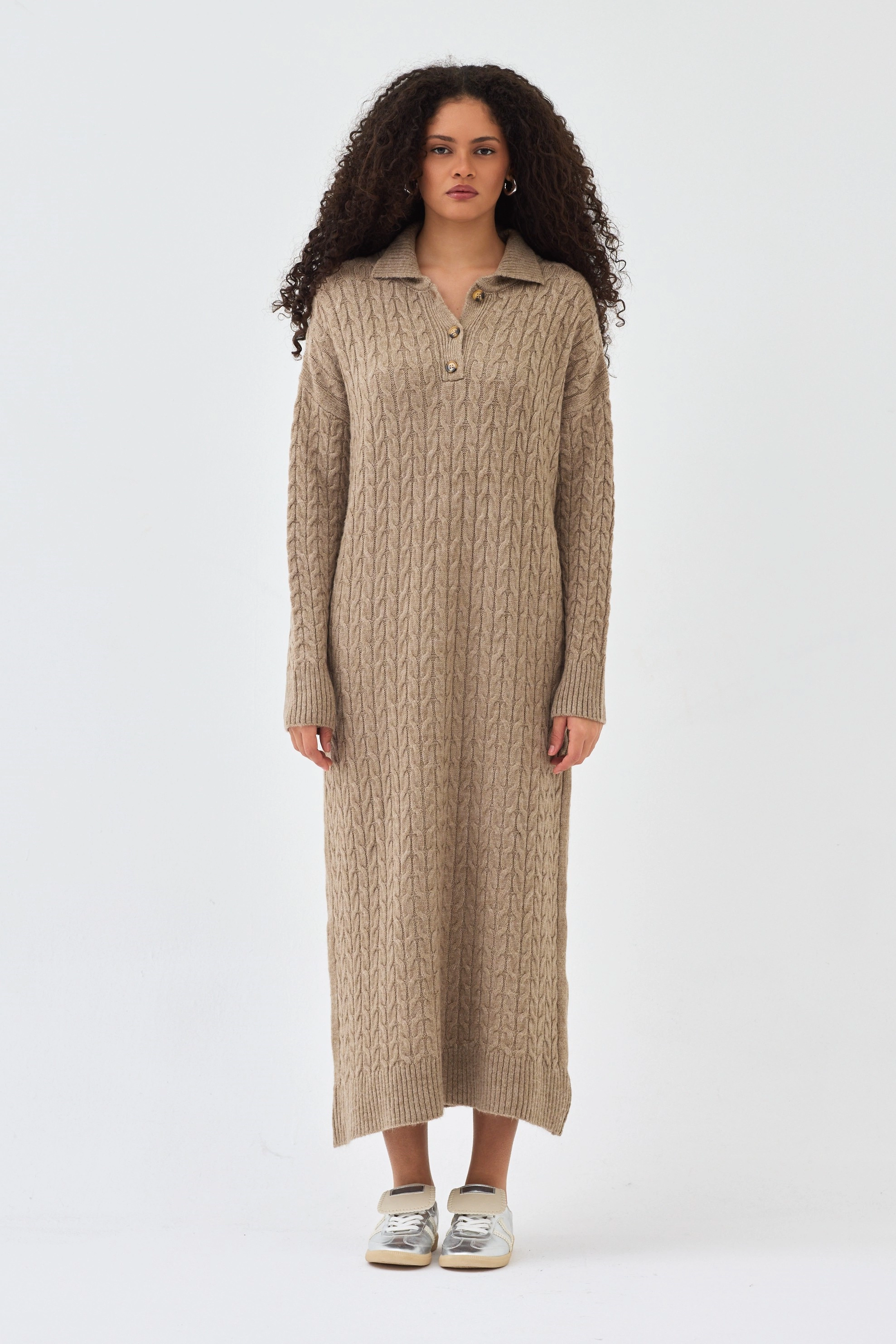 Qanu Lalezar Triko Elbise Vizon - Tesettür Giyim