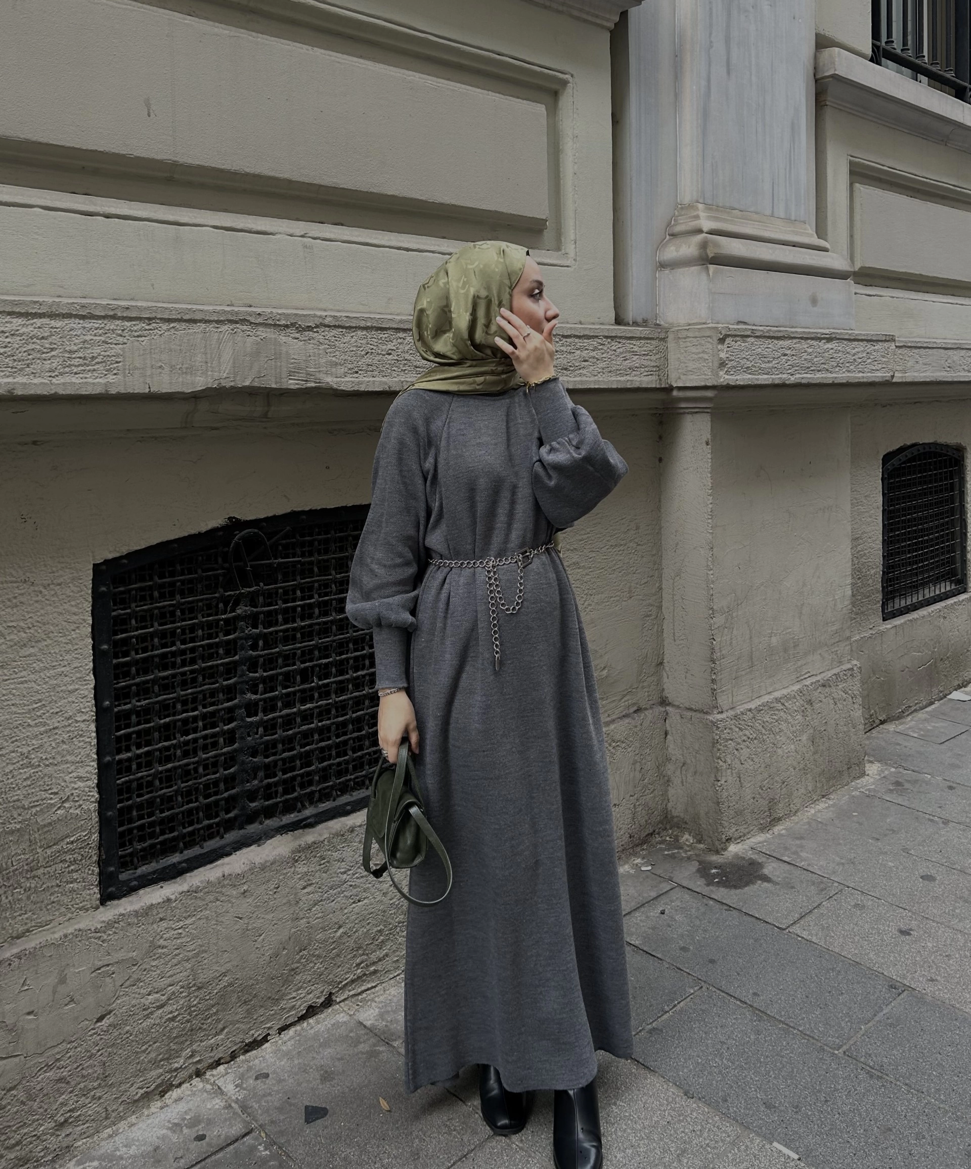 Qanu Lamia Triko Elbise Gri - Tesettür Giyim