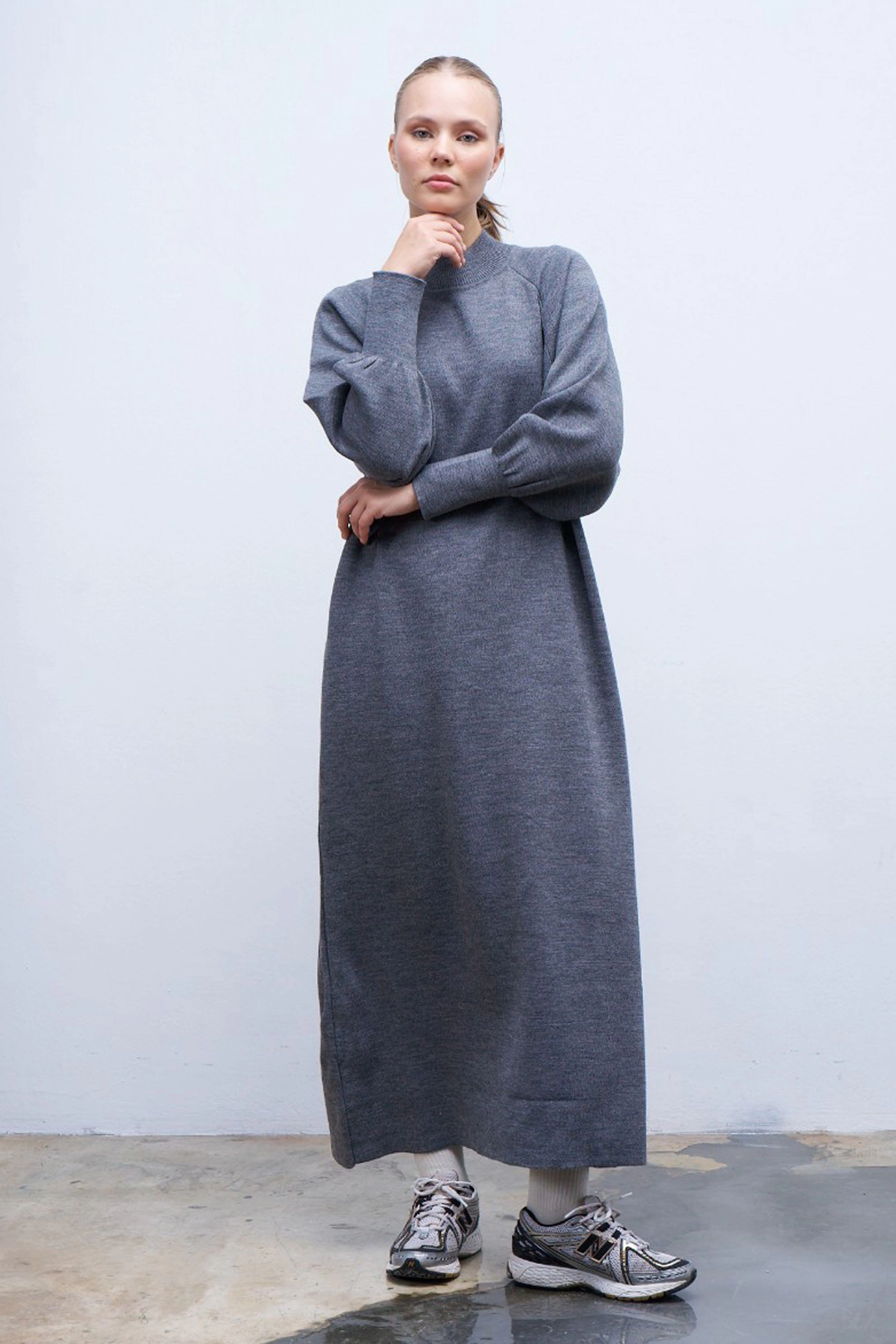 Qanu Lamia Triko Elbise Gri - Tesettür Giyim