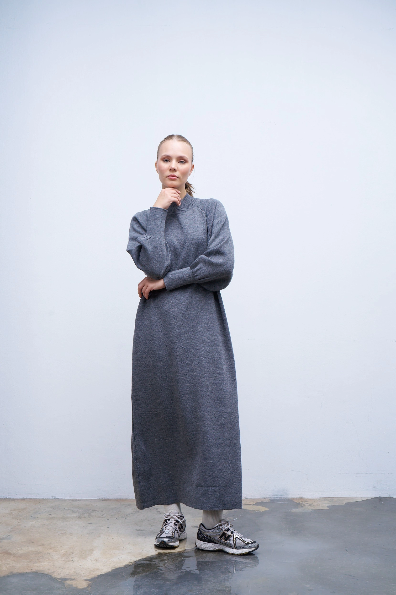 Qanu Lamia Triko Elbise Gri - Tesettür Giyim