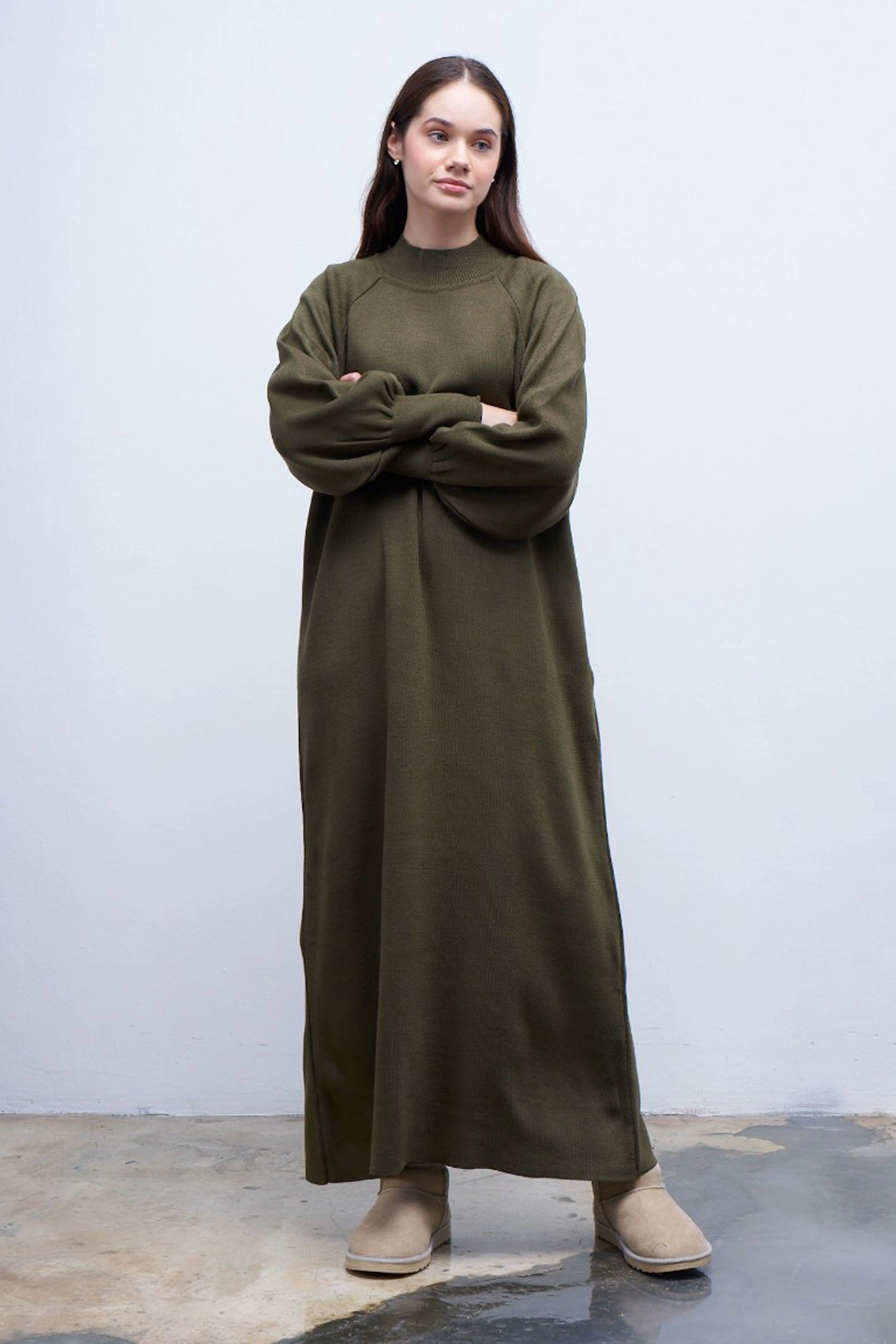 Qanu Lamia Triko Elbise Haki  - Tesettür Giyim