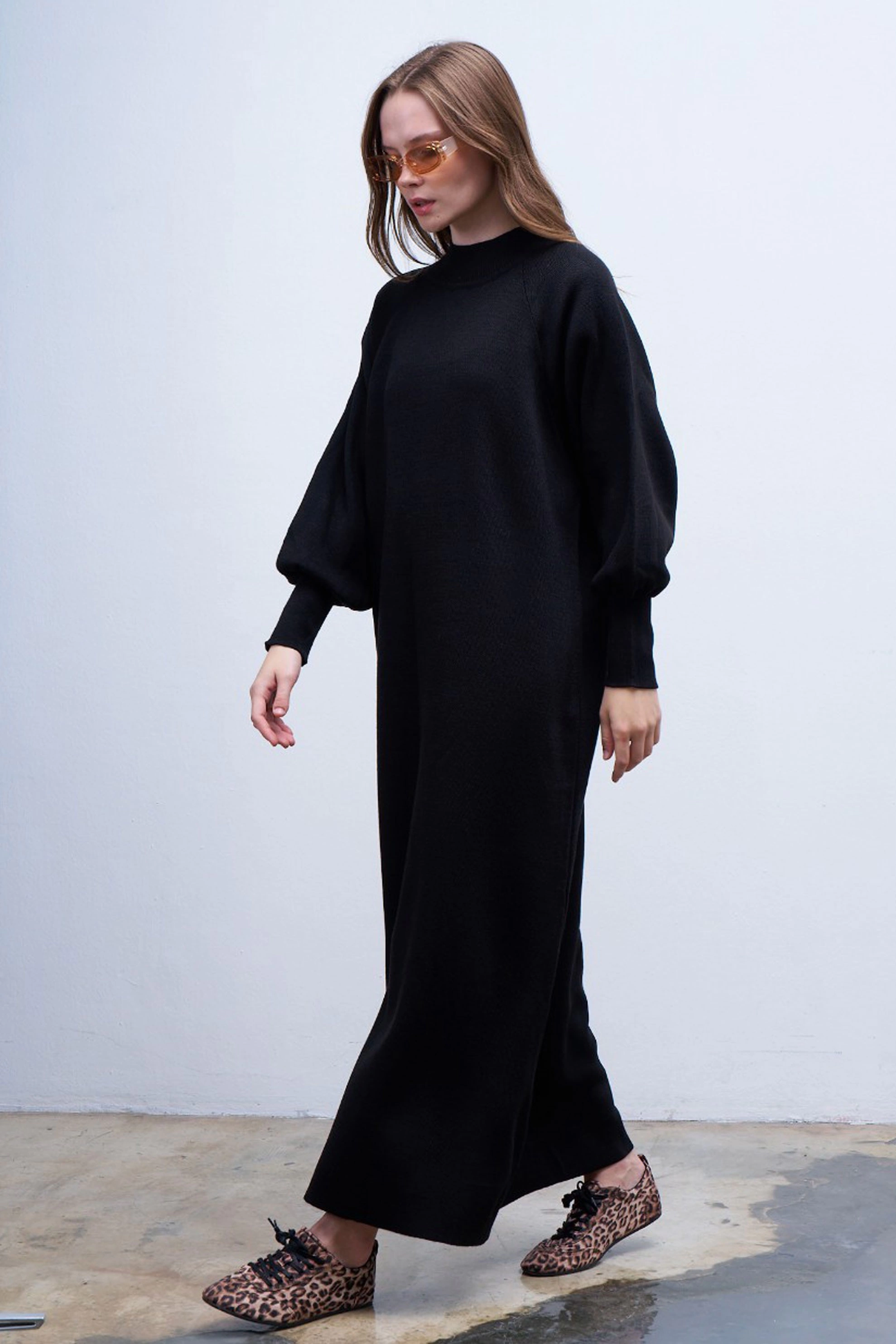 Qanu Lamia Triko Elbise Siyah - Tesettür Giyim