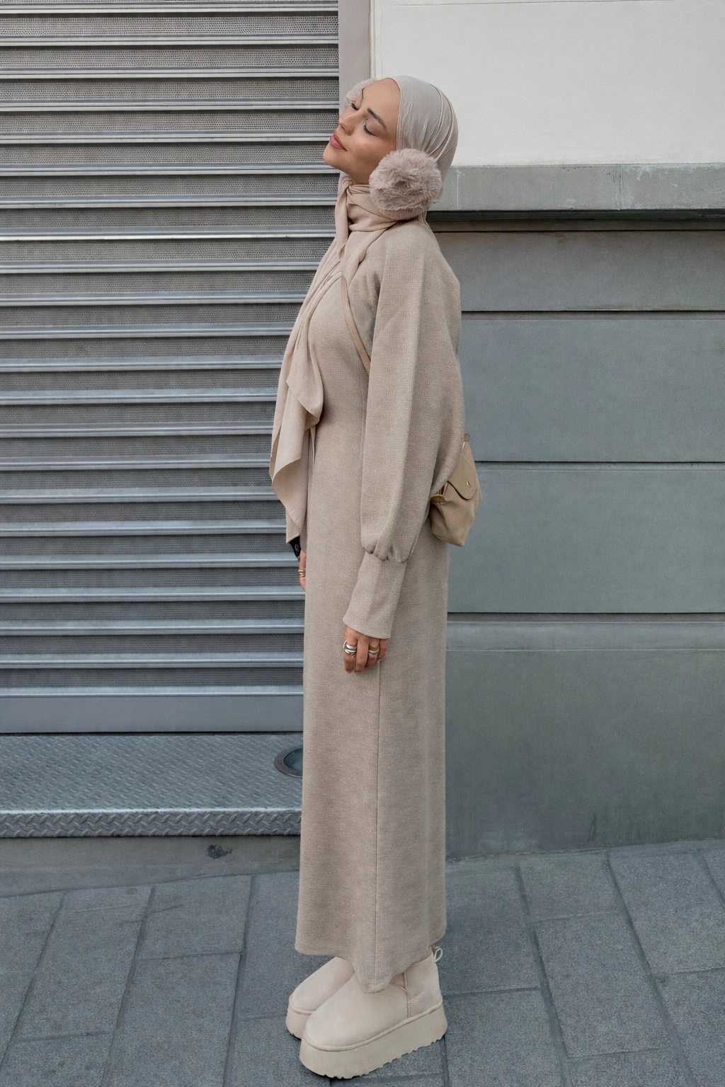 Qanu Lamia Triko Elbise Vizon  - Tesettür Giyim