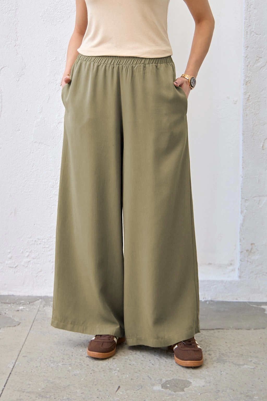 Qanu Lastikli Tensel Pantolon Haki