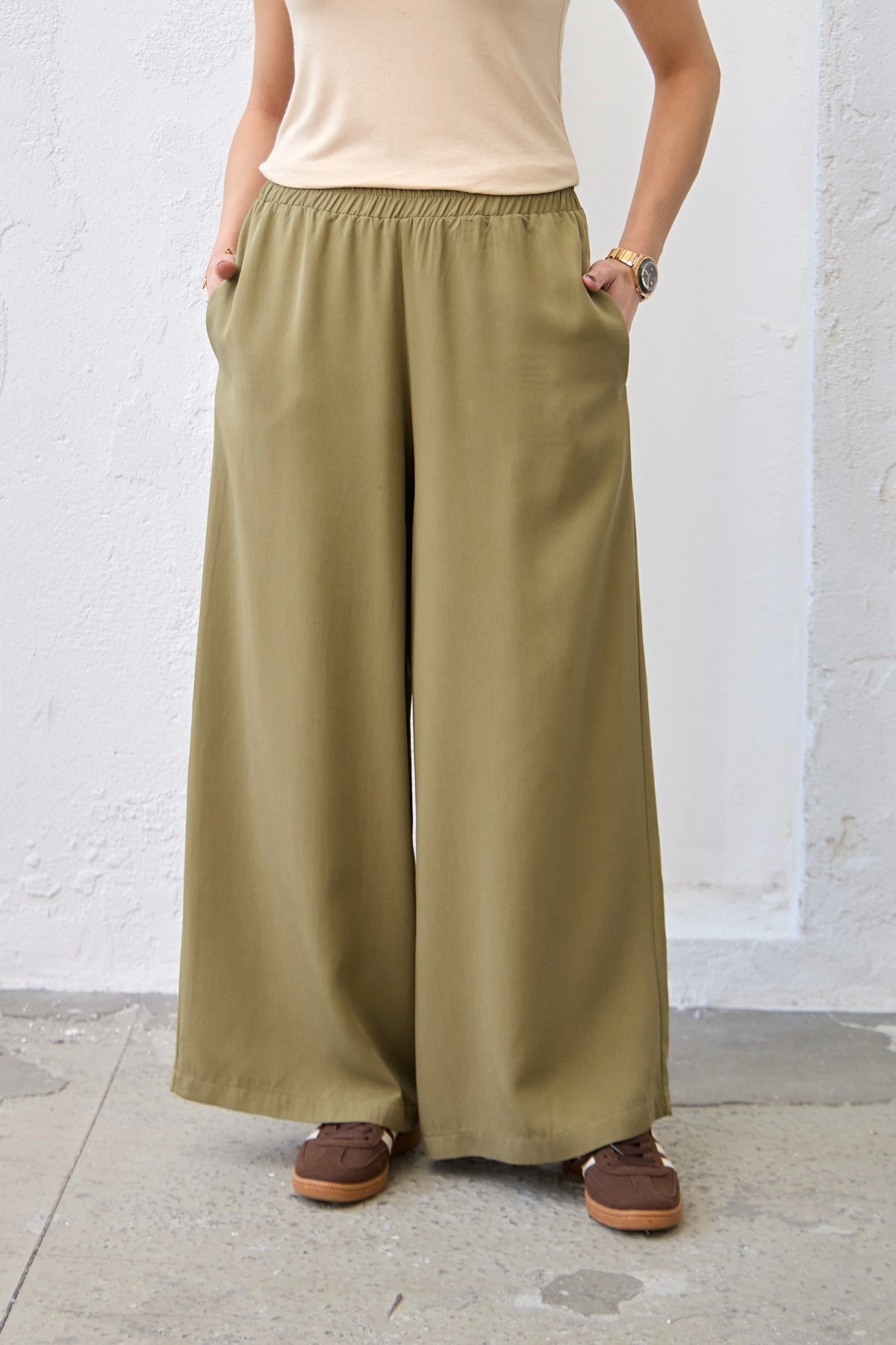 Qanu Lastikli Tensel Pantolon Yeşil - Tesettür Giyim