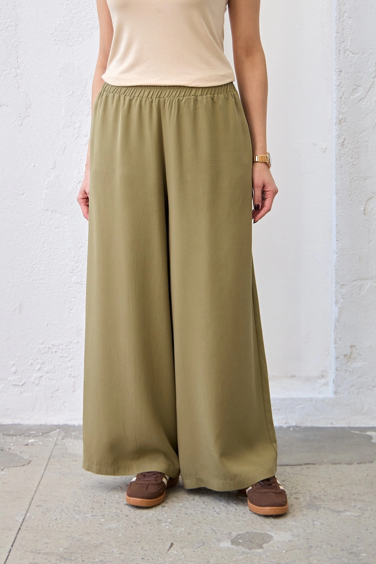 Qanu Lastikli Tensel Pantolon Yeşil - Tesettür Giyim