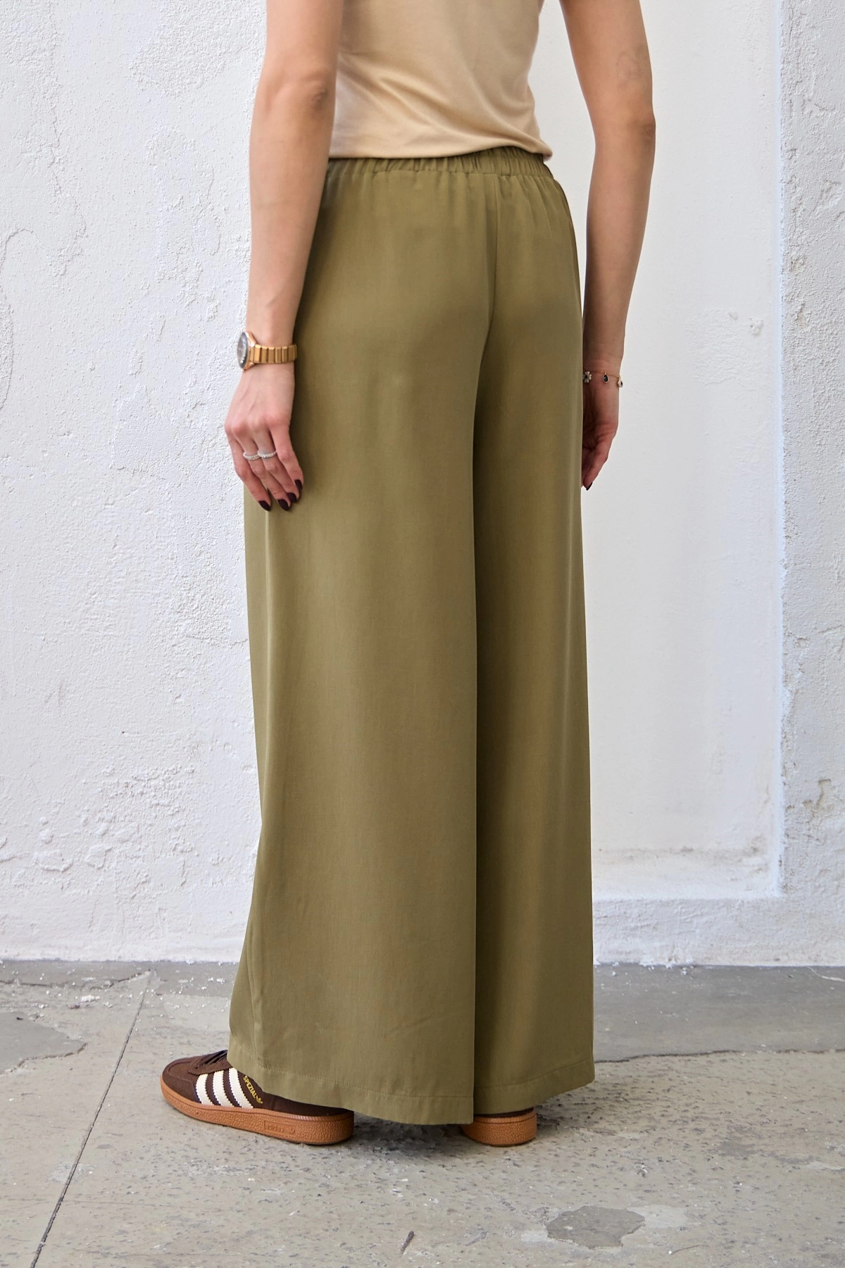 Qanu Lastikli Tensel Pantolon Yeşil - Tesettür Giyim