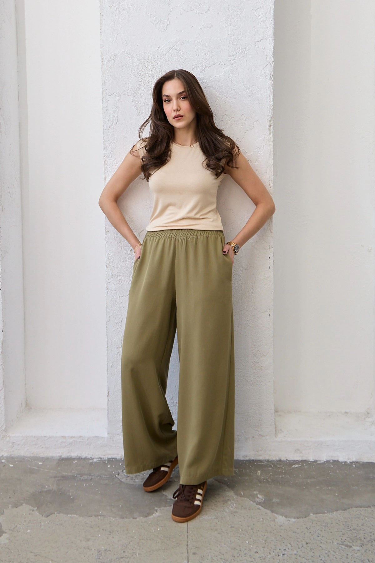 Qanu Lastikli Tensel Pantolon Yeşil - Tesettür Giyim