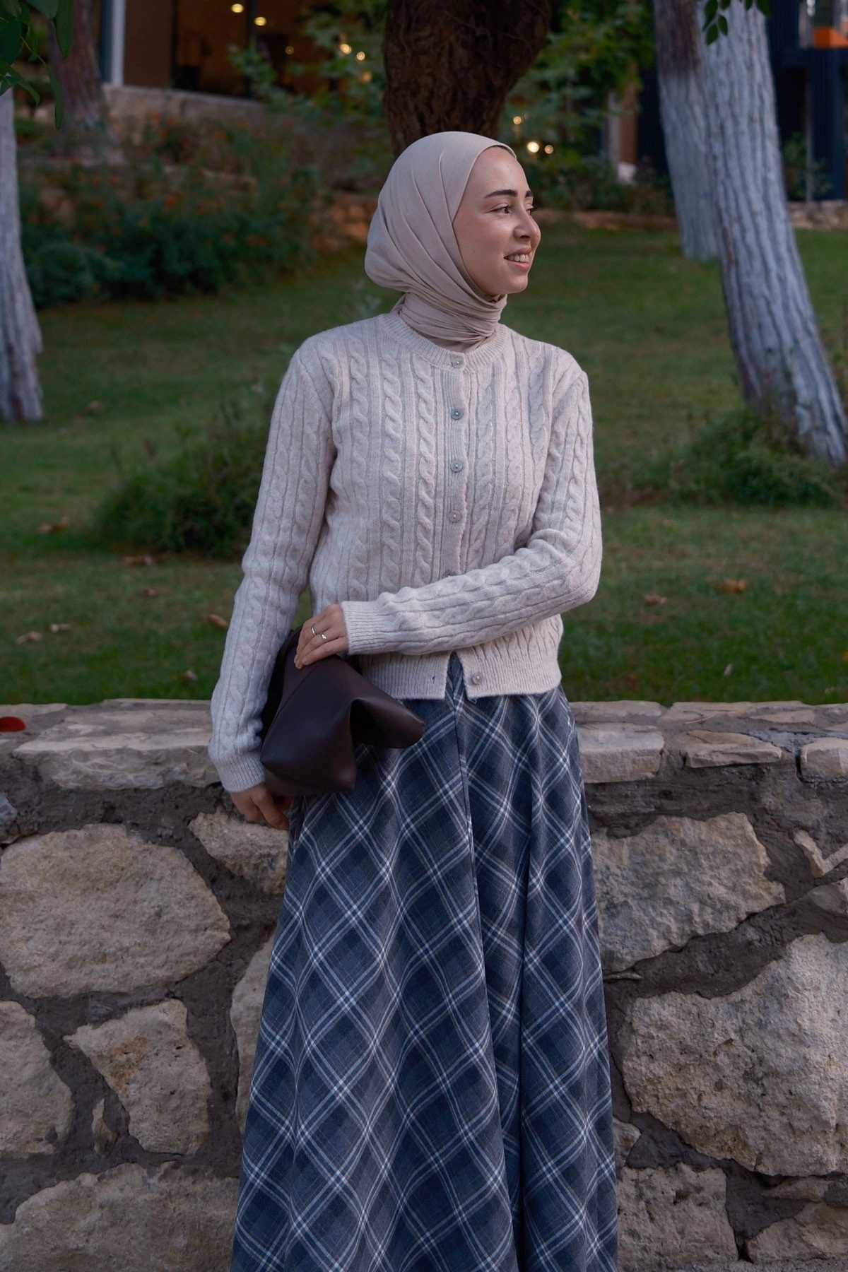 Qanu Leydi Ekose Etek Gri  - Tesettür Giyim