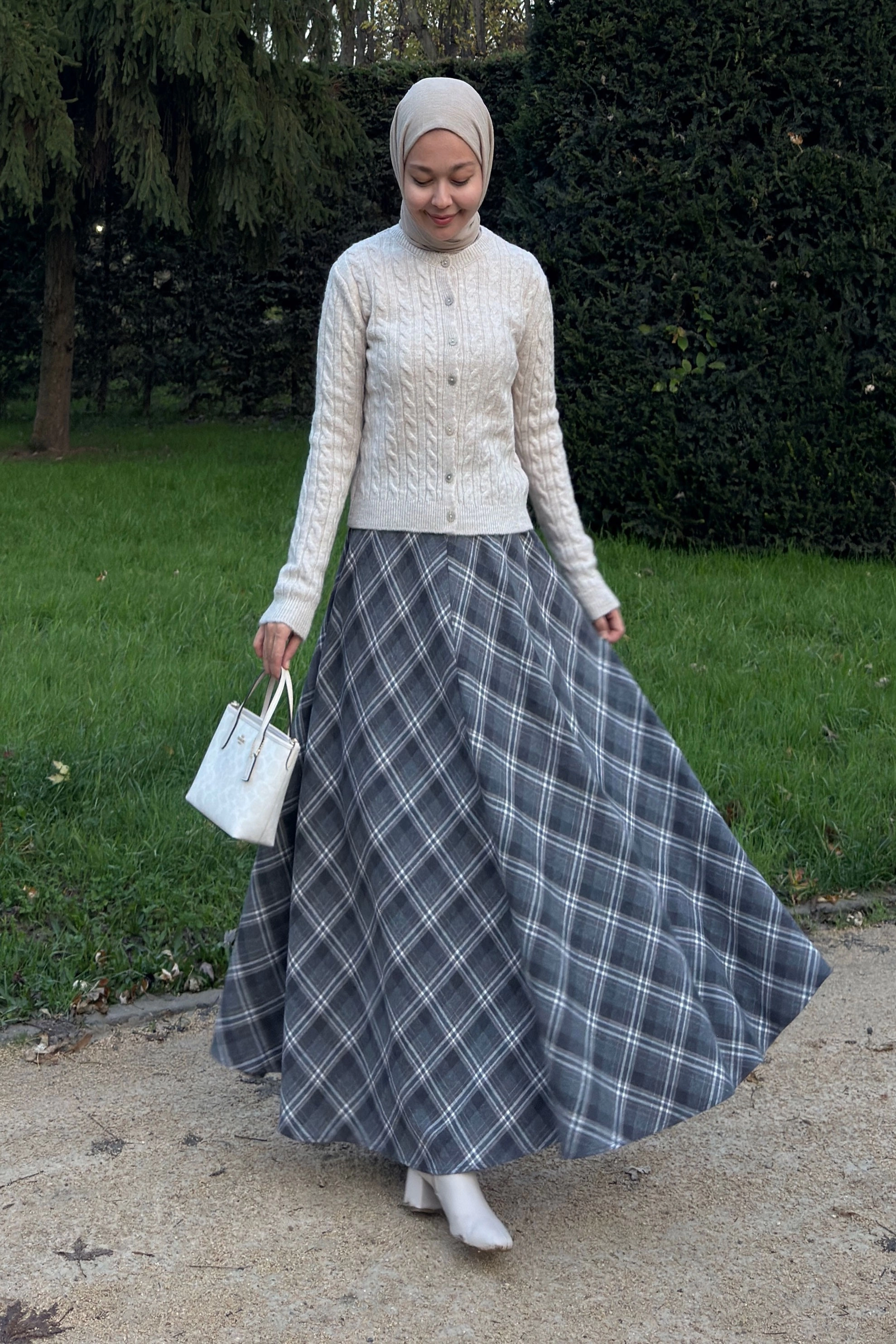 Qanu Leydi Ekose Etek Gri  - Tesettür Giyim