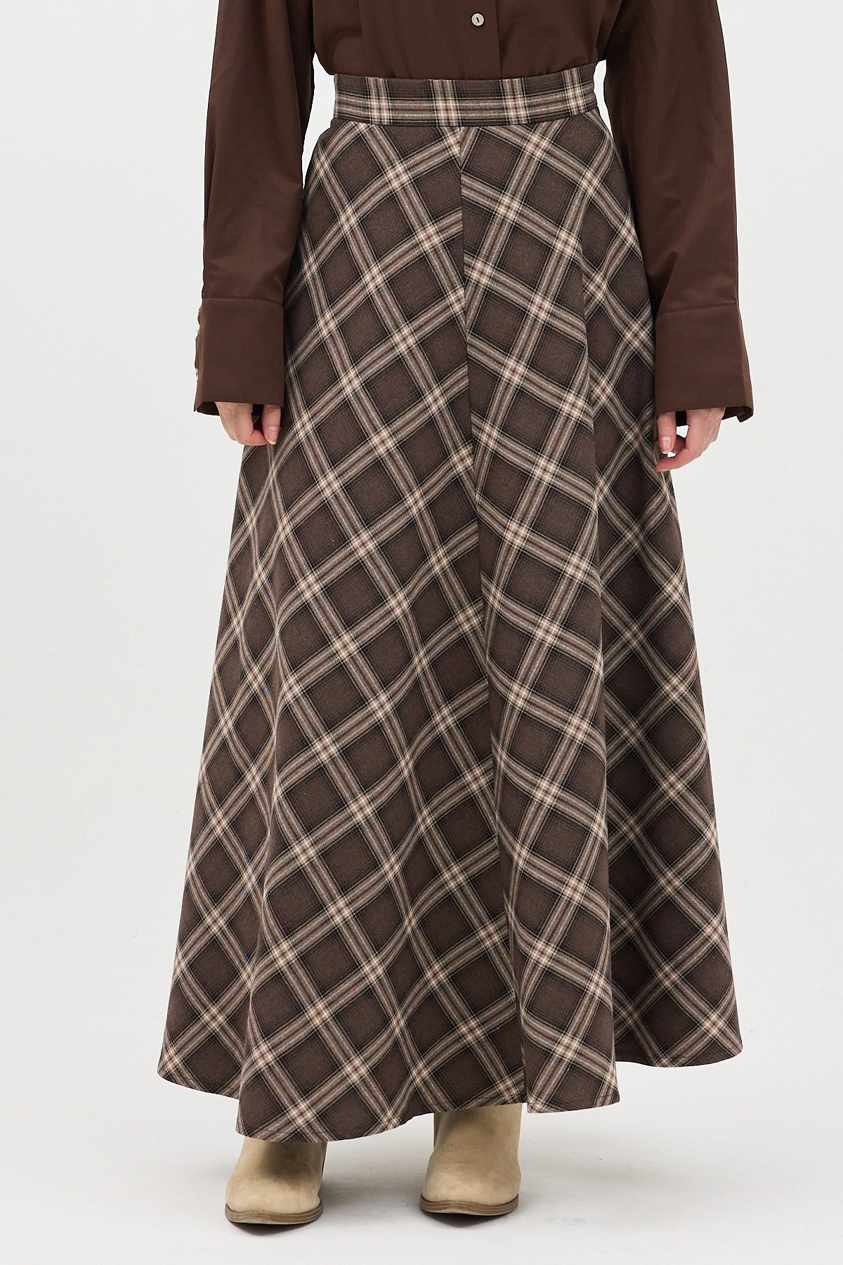 Qanu Leydi Ekose Etek Koyu Kahverengi - Tesettür Giyim