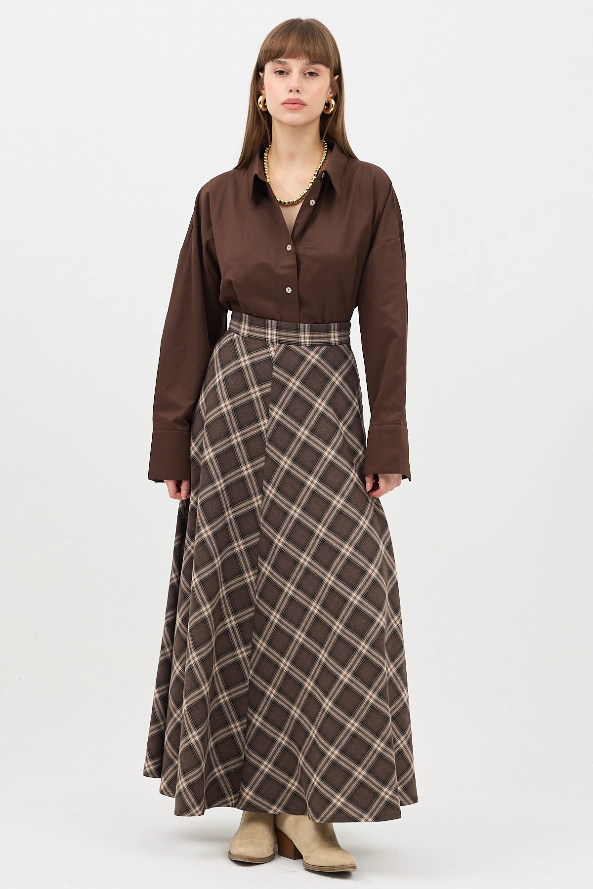 Qanu Leydi Ekose Etek Koyu Kahverengi - Tesettür Giyim