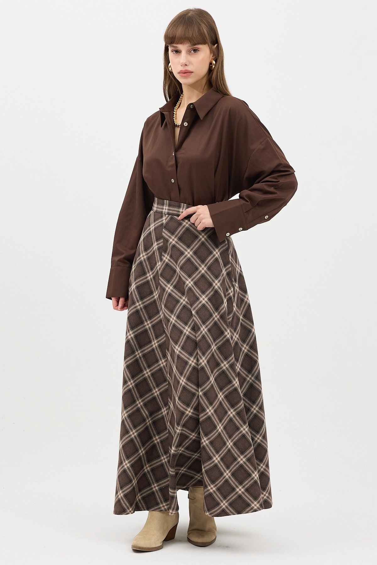 Qanu Leydi Ekose Etek Koyu Kahverengi - Tesettür Giyim