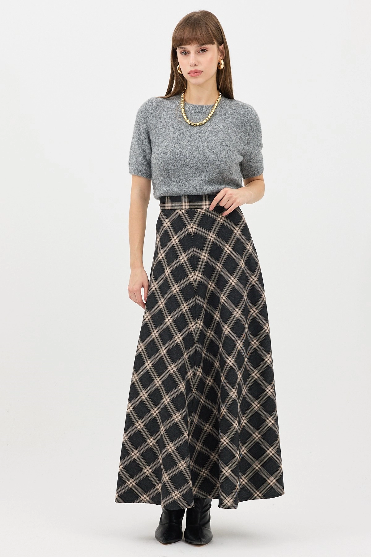 Qanu Leydi Ekose Etek Siyah-Vizon  - Tesettür Giyim