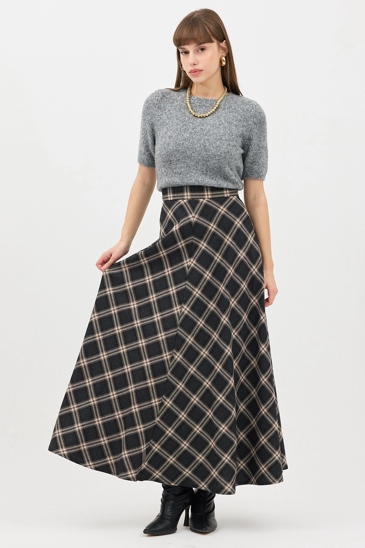 Qanu Leydi Ekose Etek Siyah-Vizon  - Tesettür Giyim