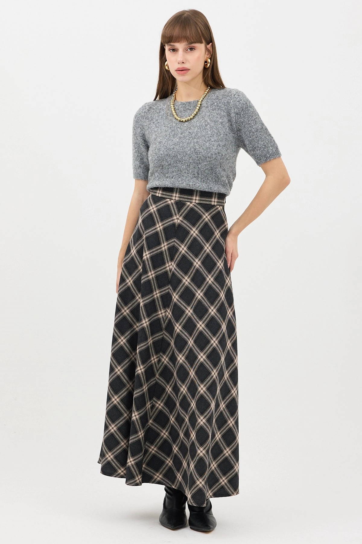 Qanu Leydi Ekose Etek Siyah-Vizon  - Tesettür Giyim