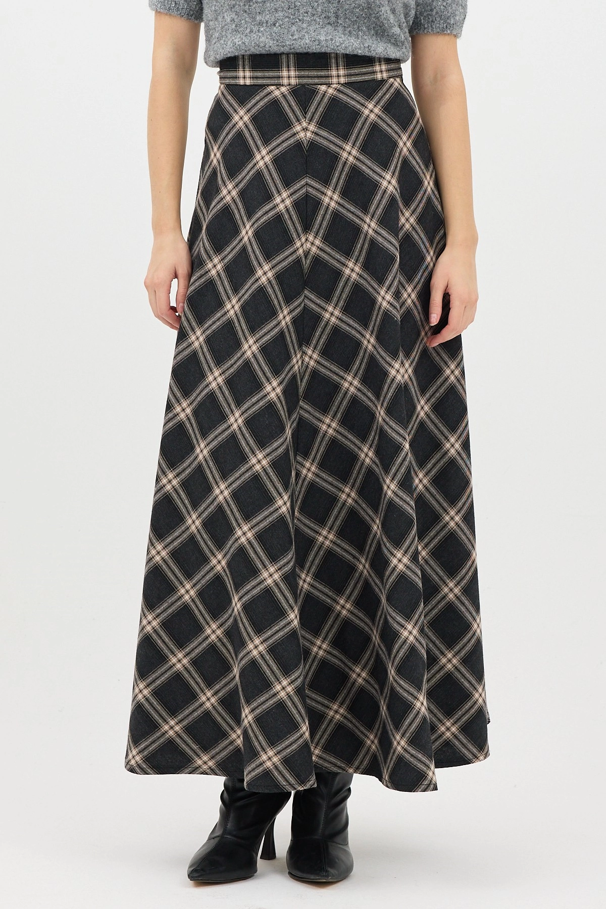 Qanu Leydi Ekose Etek Siyah-Vizon 