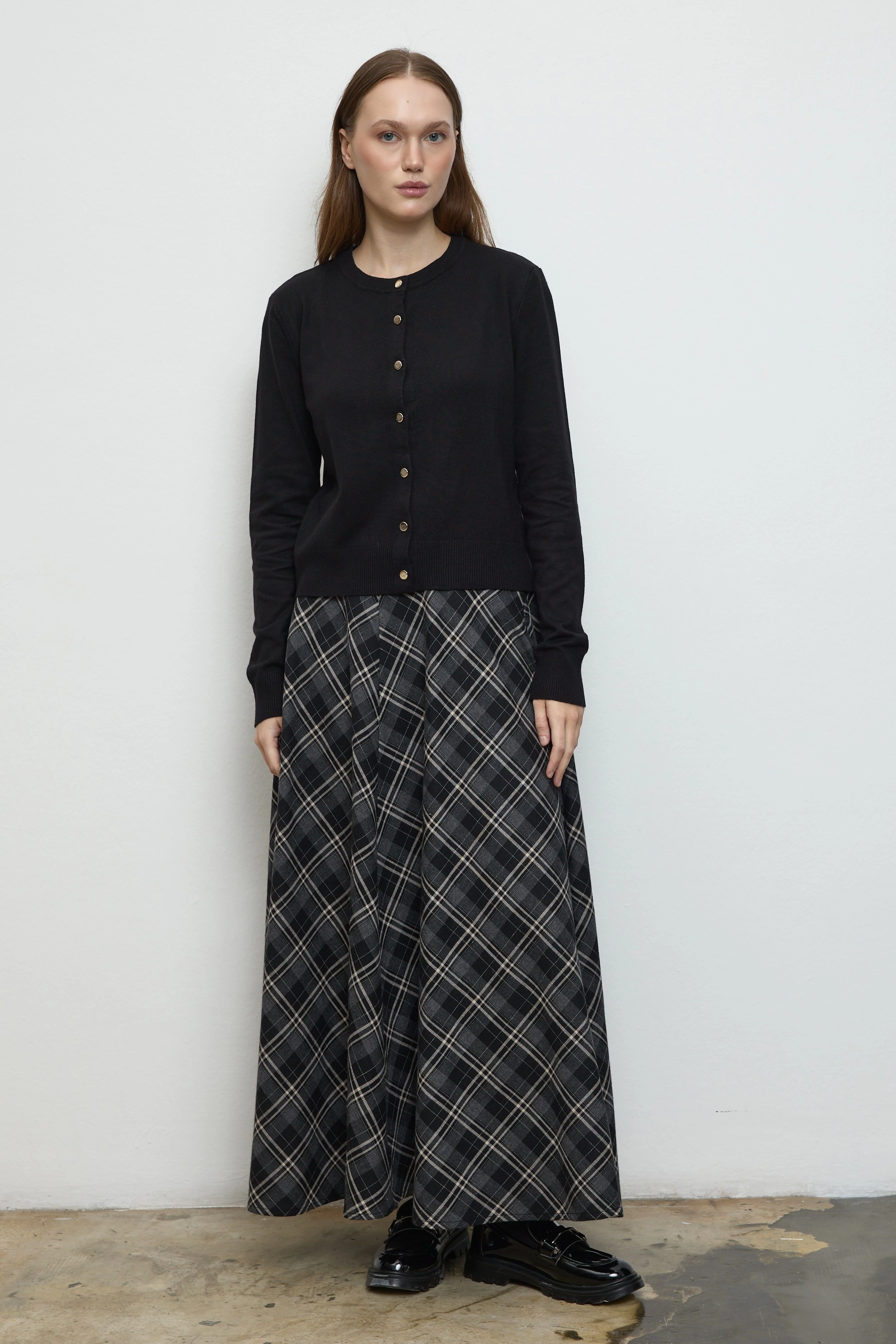 Qanu Leydi Ekose Etek Siyah - Tesettür Giyim