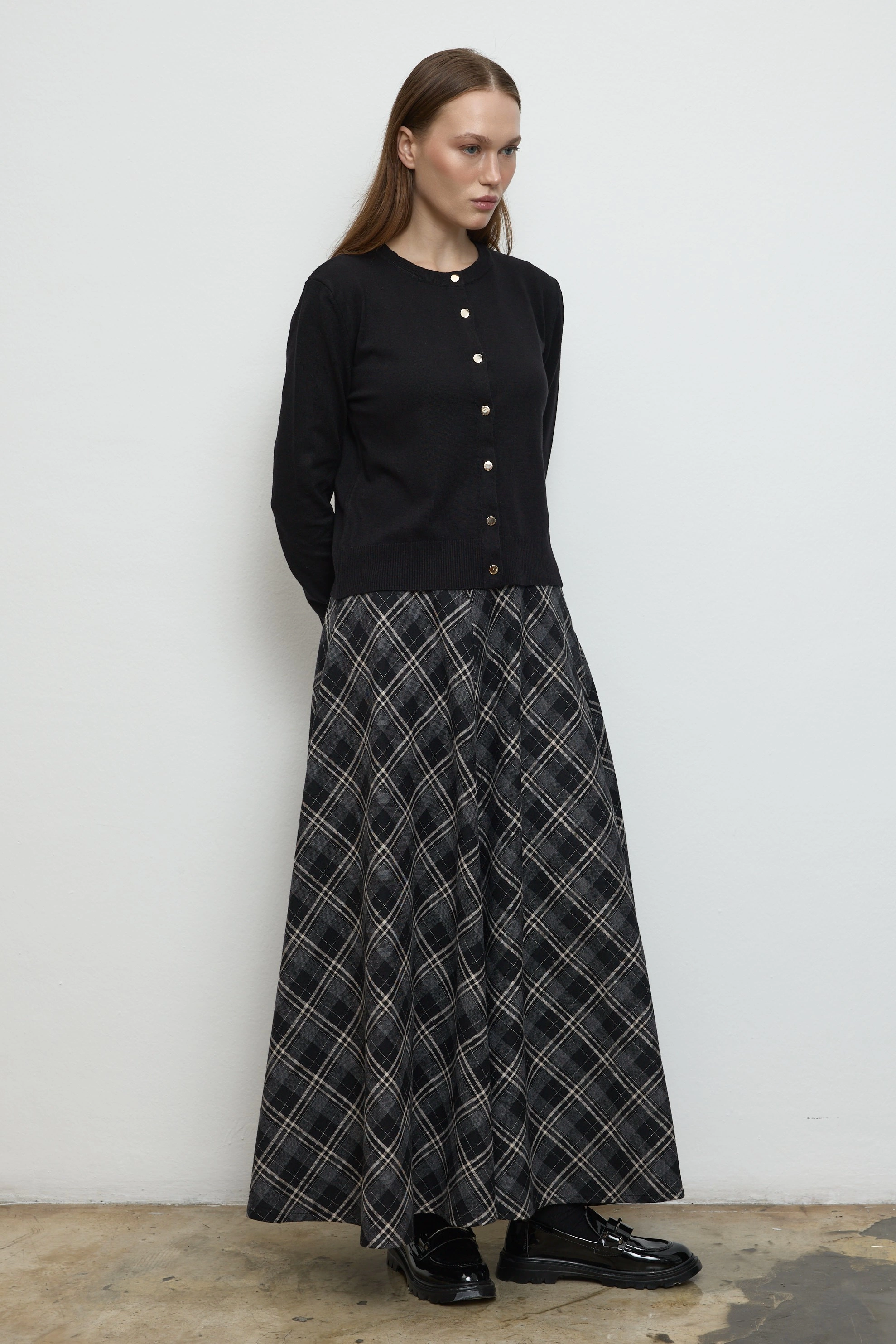 Qanu Leydi Ekose Etek Siyah - Tesettür Giyim