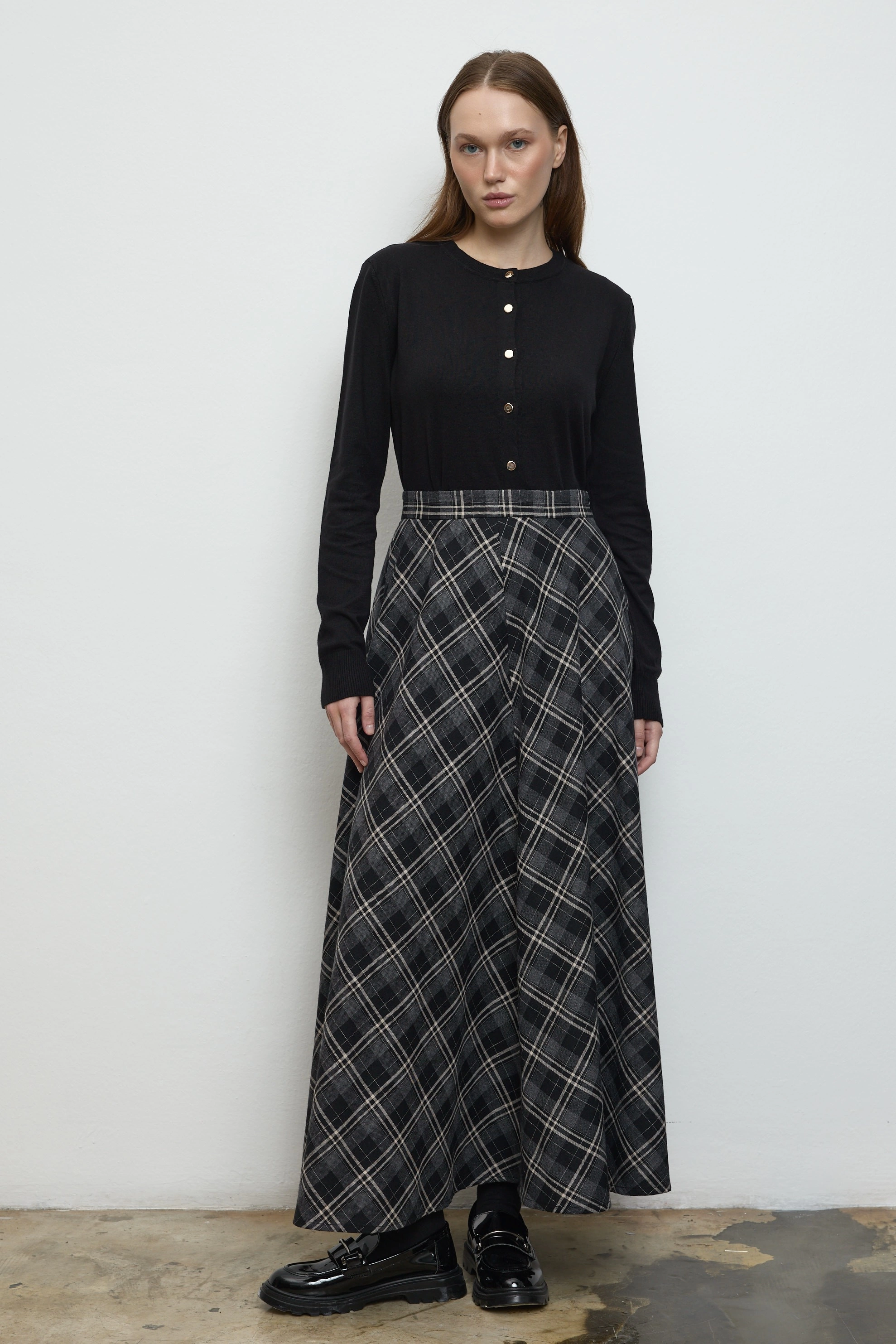 Qanu Leydi Ekose Etek Siyah - Tesettür Giyim