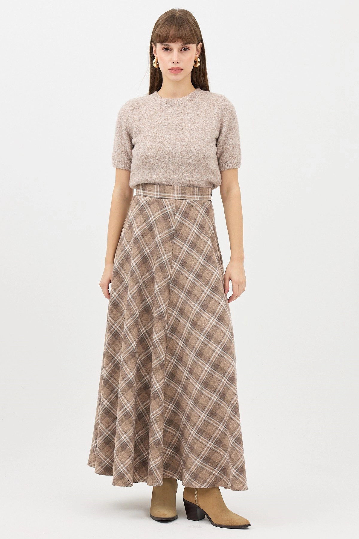 Qanu Leydi Ekose Etek Vizon - Tesettür Giyim