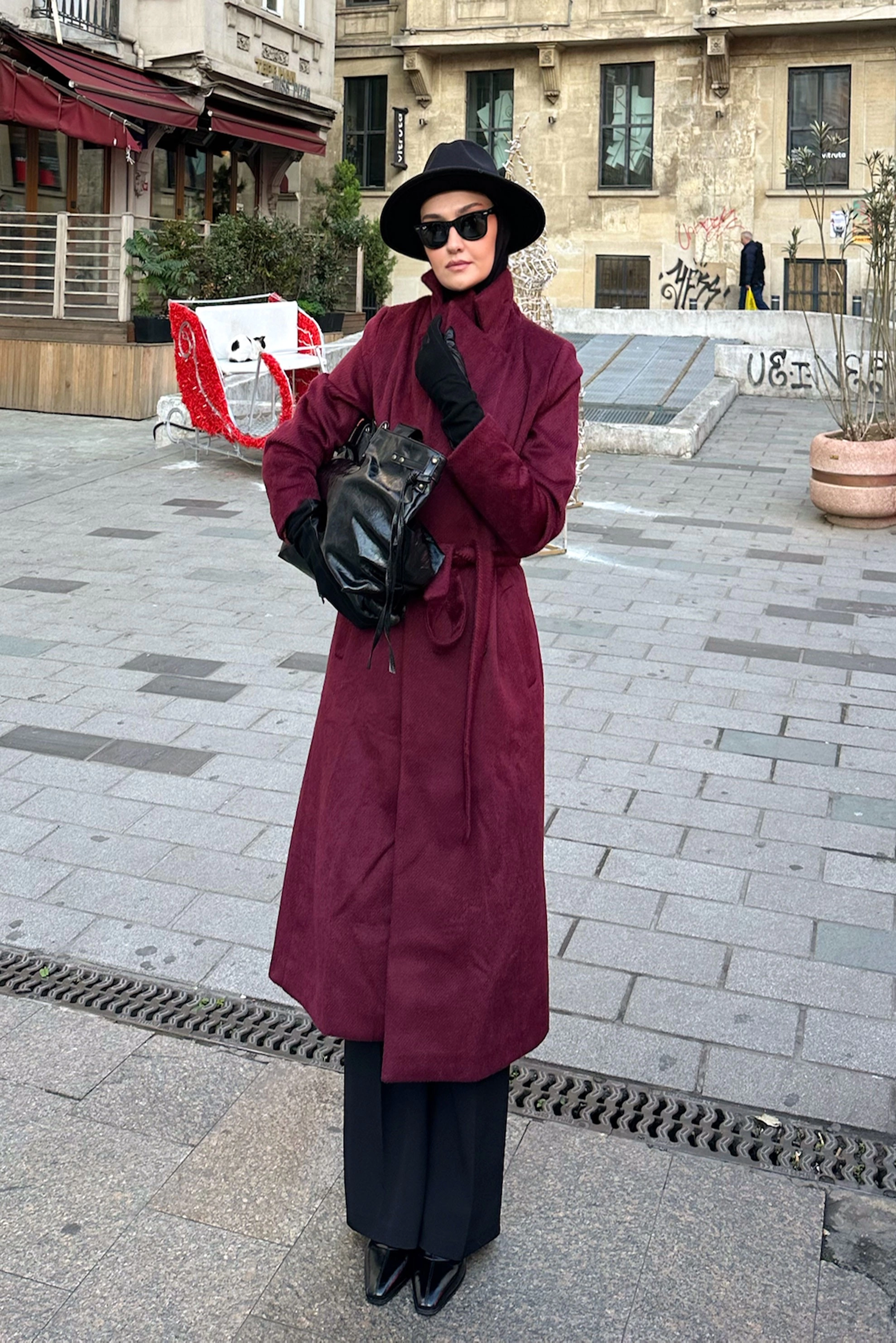 Qanu Lune Kaşe Kaban Bordo - Tesettür Giyim