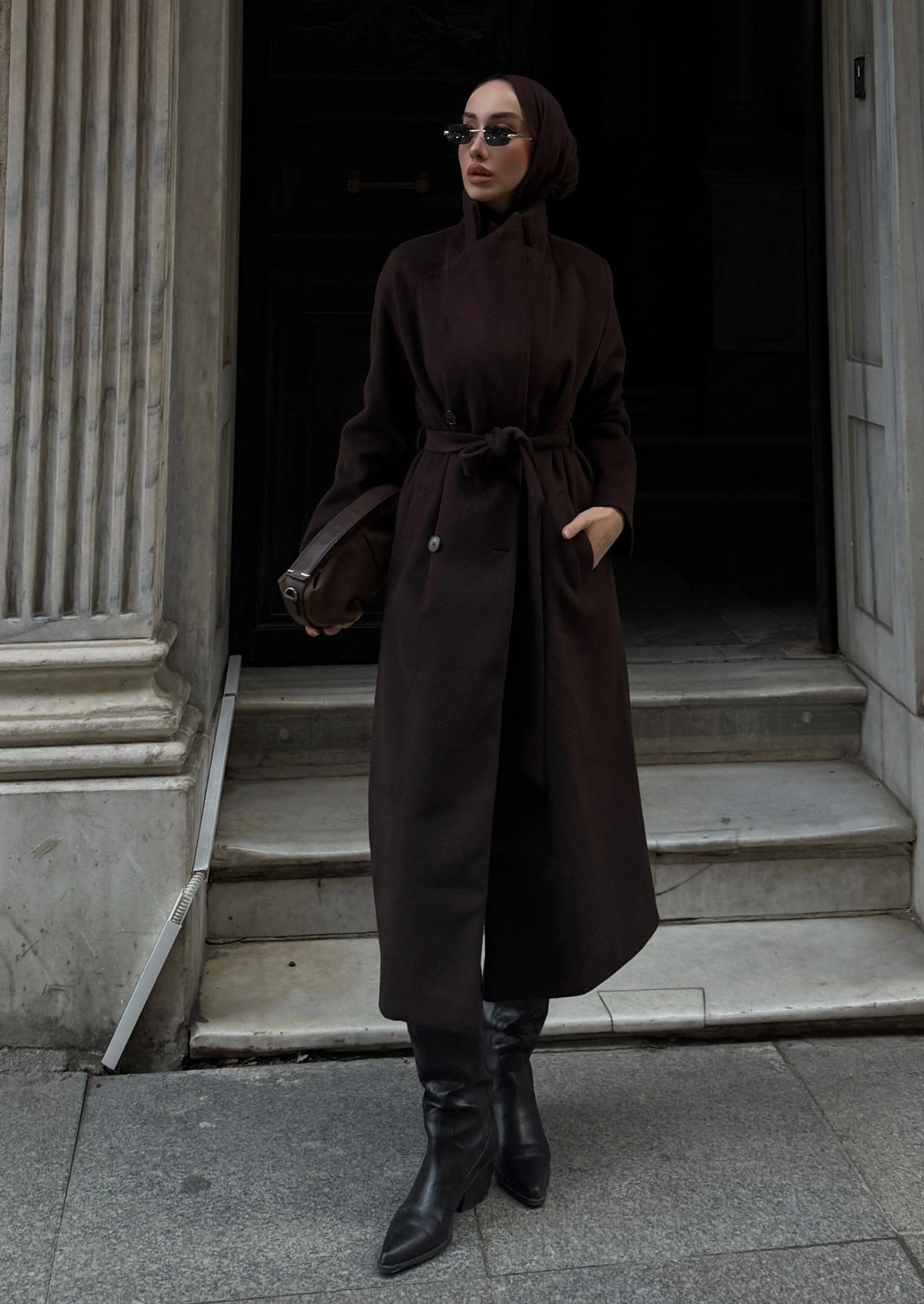 Qanu Lune Kaşe Kaban Kahverengi - Tesettür Giyim