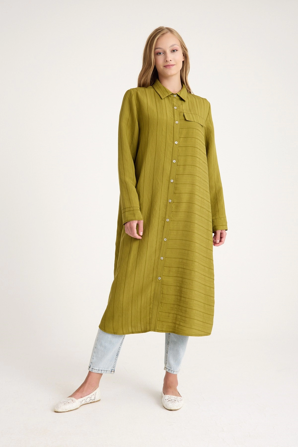 Qanu Modal Tokalı Gömlek Yağ Yeşili