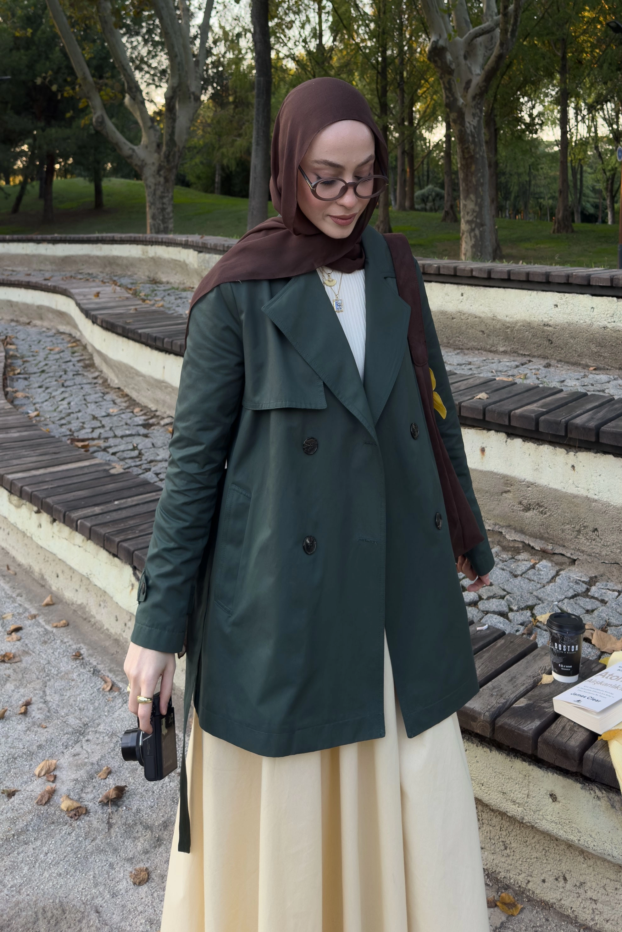 Qanu Mora Kısa Trençkot Yeşil - Tesettür Giyim