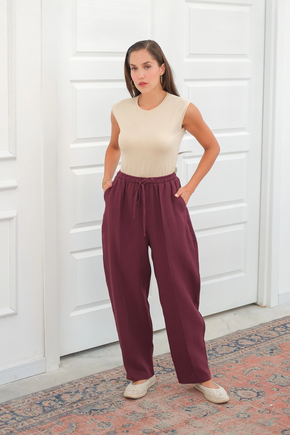Qanu Müslin Pantolonlu Takım Bordo