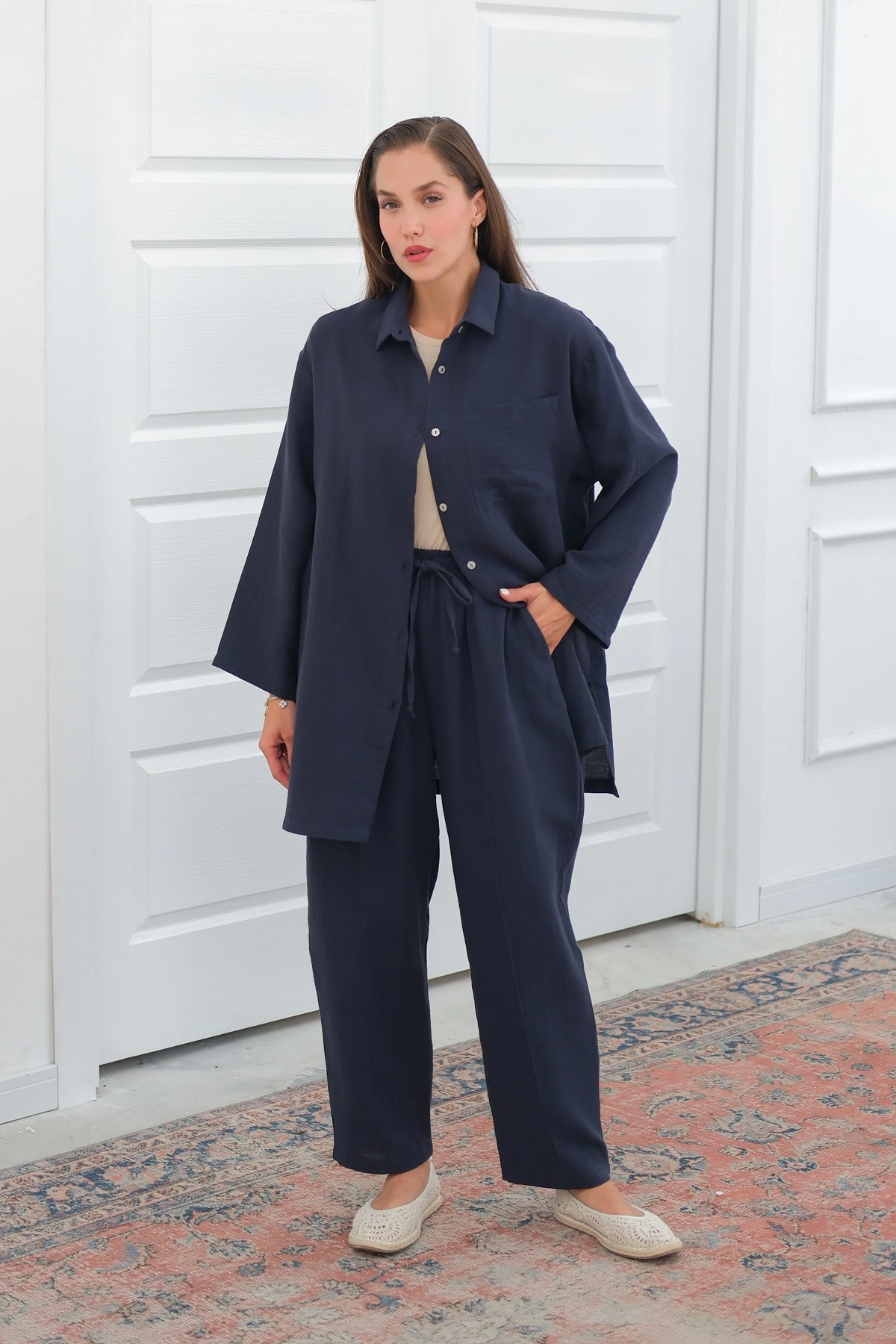 Qanu Müslin Pantolonlu Takım Lacivert