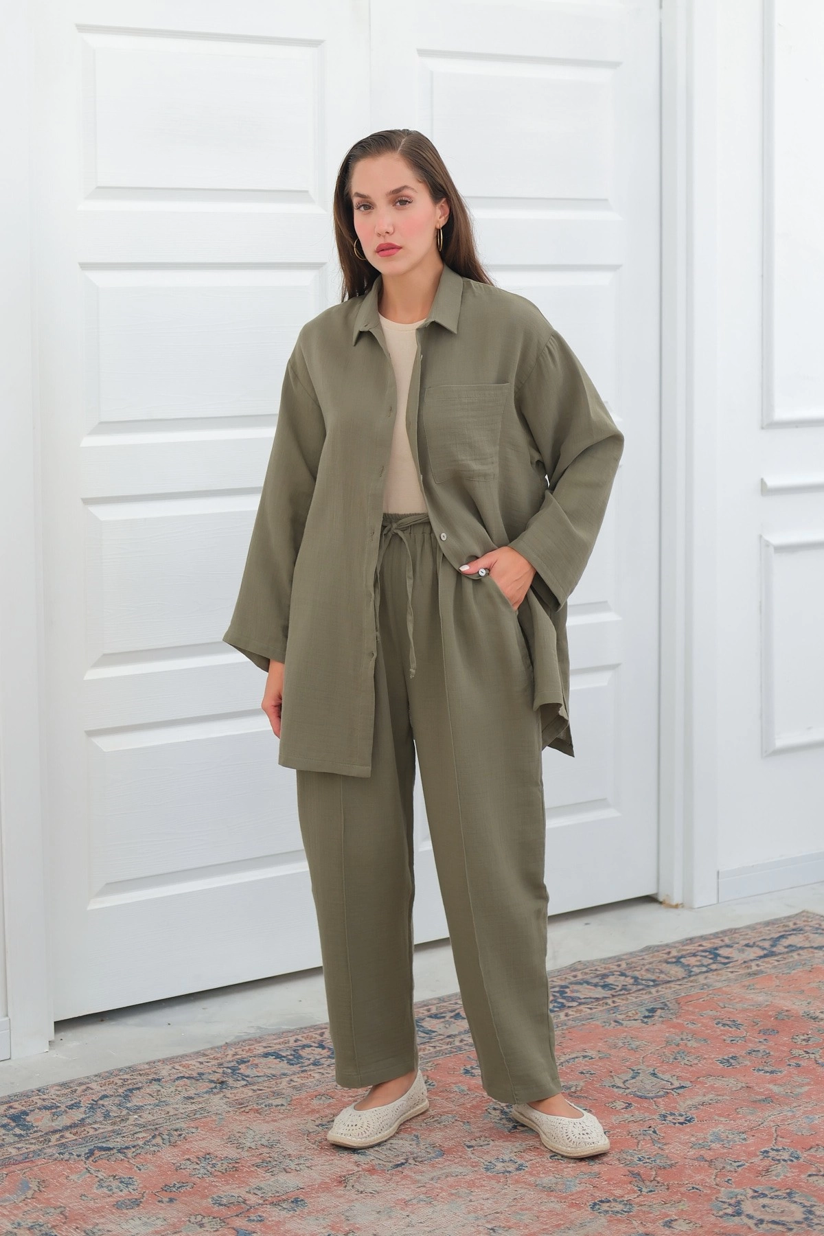 Qanu Müslin Pantolonlu Takım Yeşil 