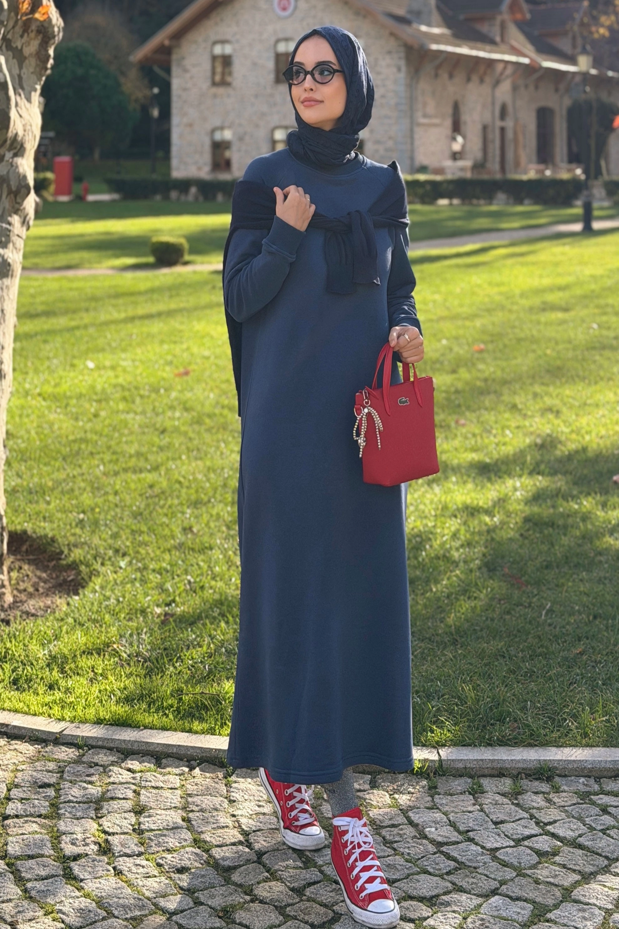 Qanu Nora Sweatshirt Elbise Lacivert - Tesettür Giyim