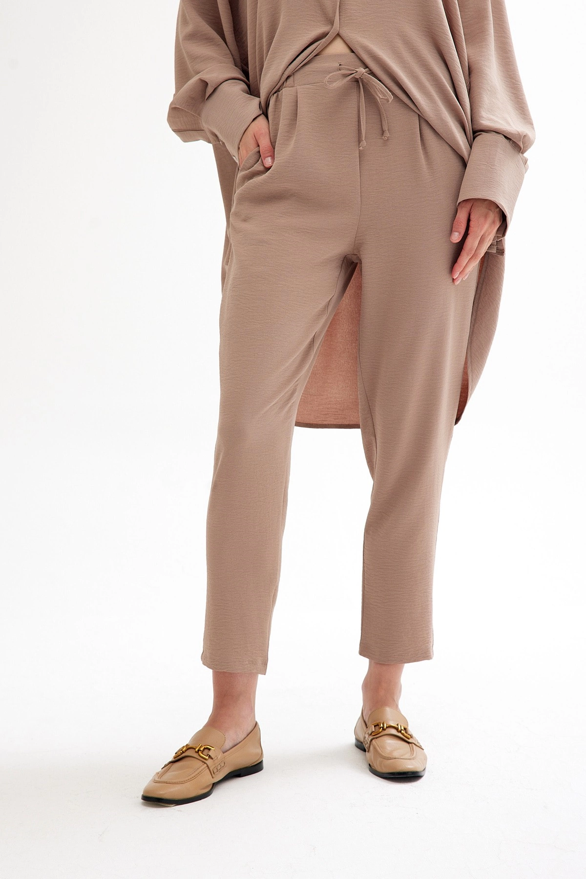 Qanu Önü Pileli Krep Pantolon Vizon 