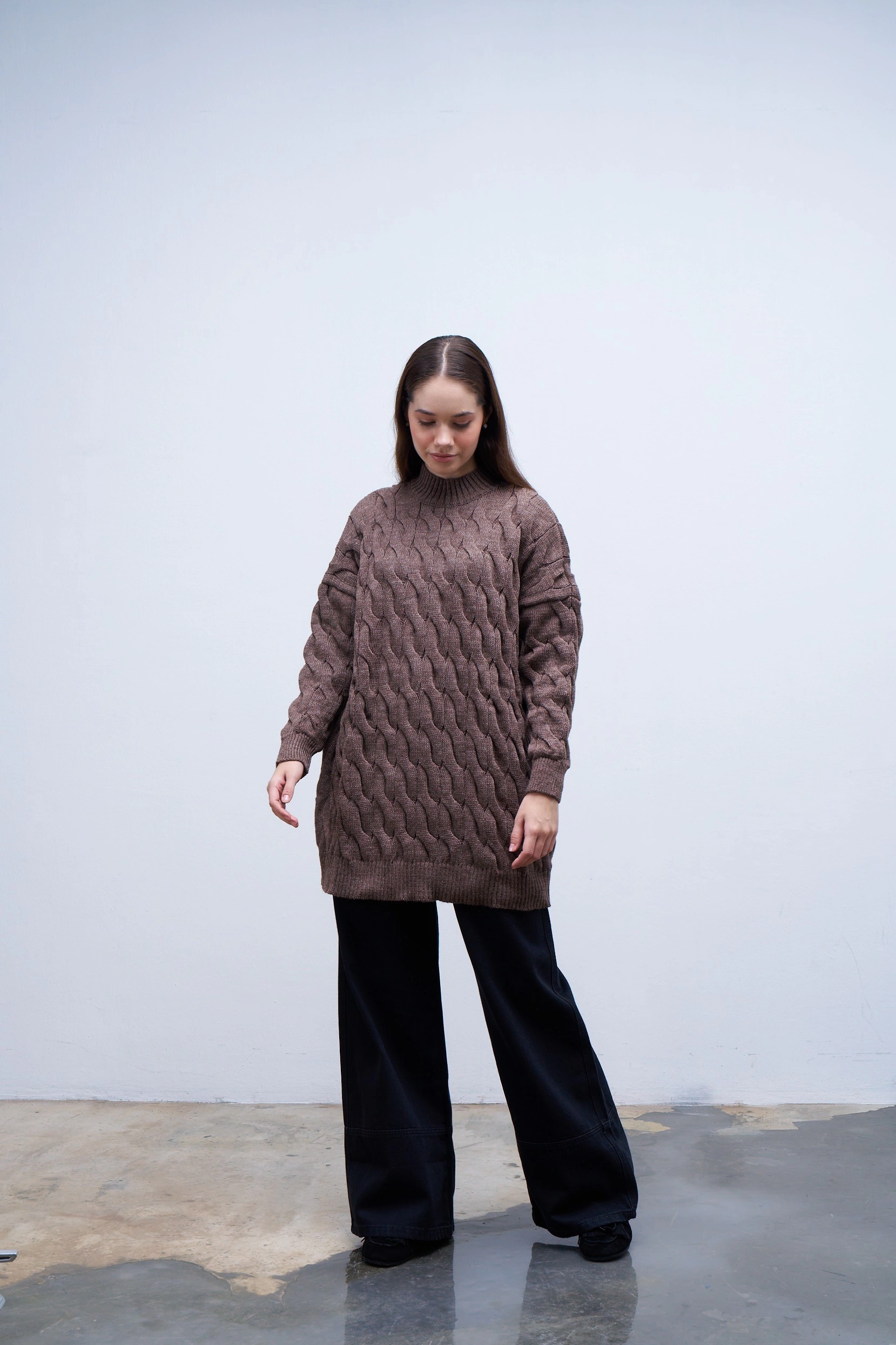 Qanu Örgülü Kazak Kahverengi  - Tesettür Giyim