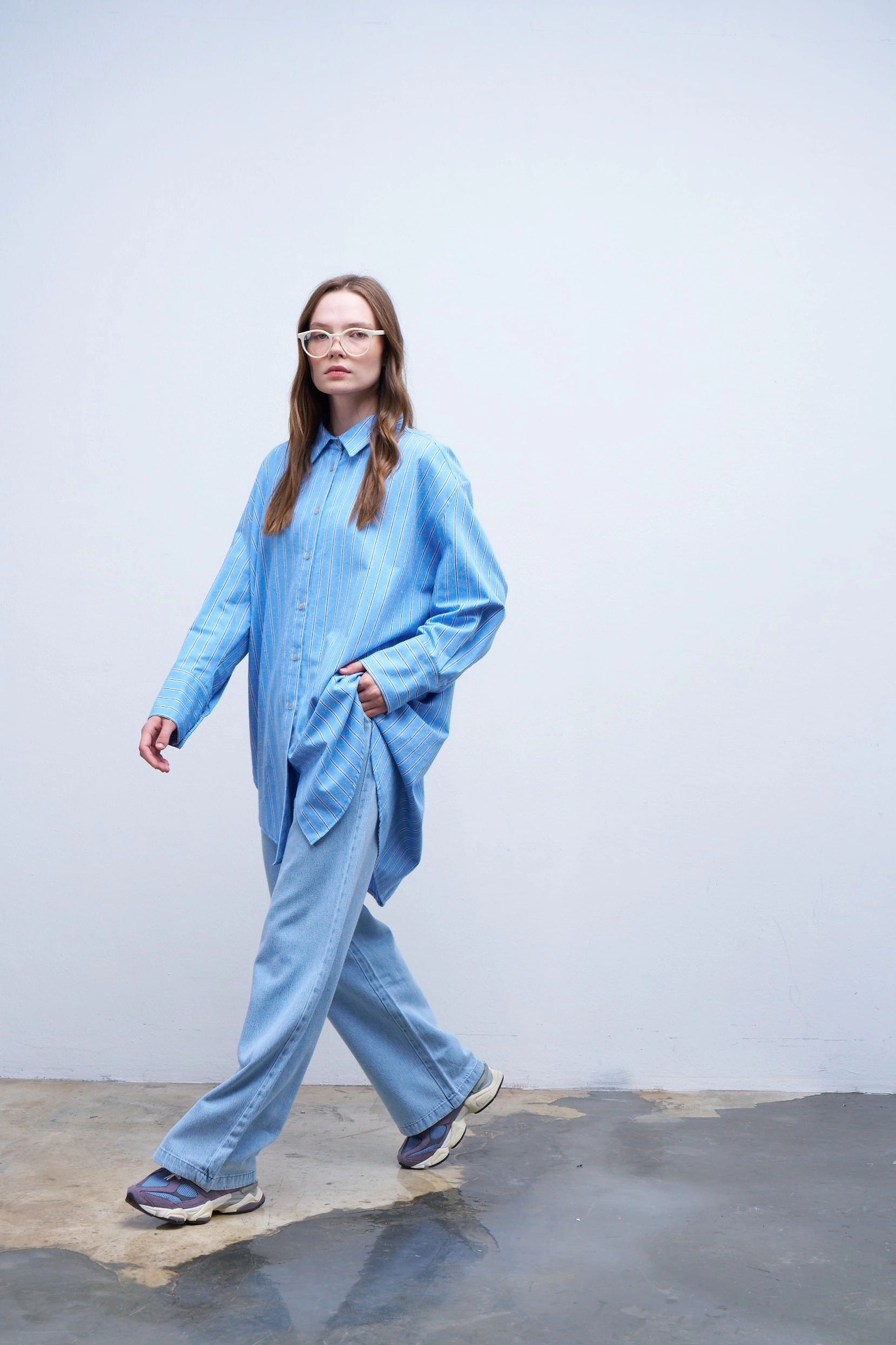 Qanu Oversize Çizgili Gömlek Mavi 