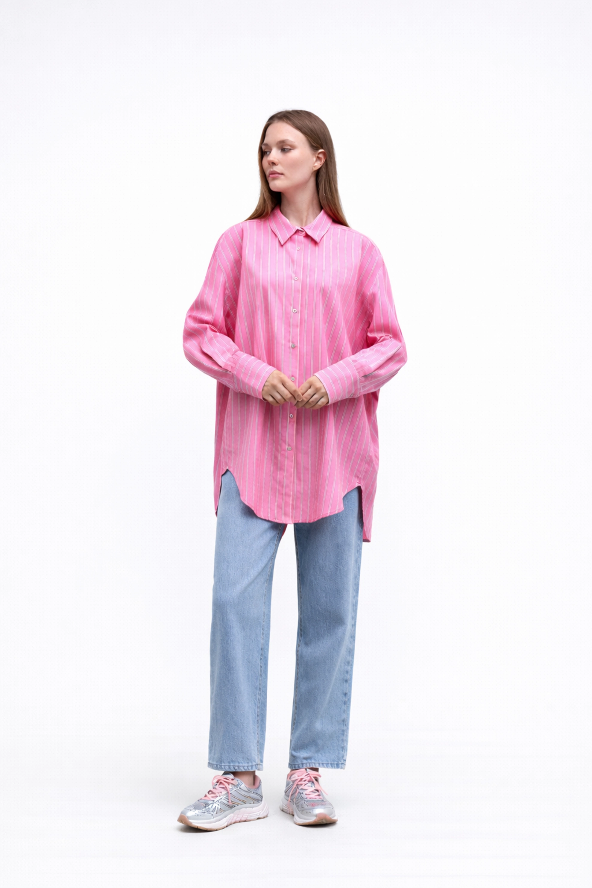 Qanu Oversize Çizgili Gömlek Pembe 