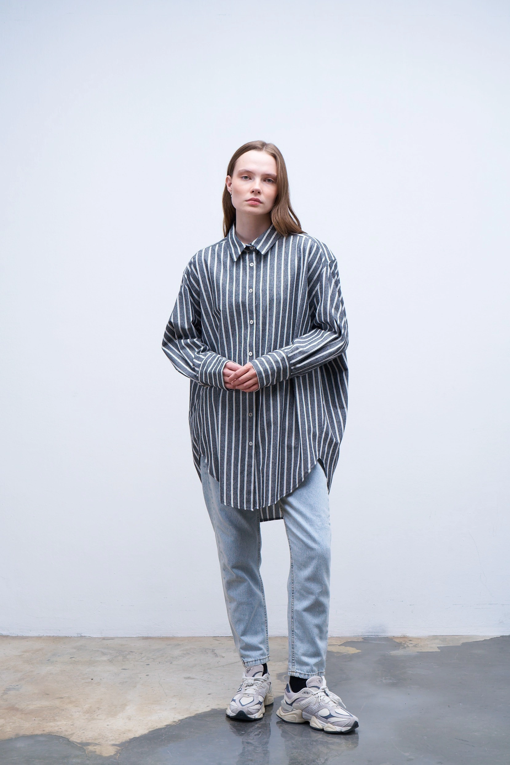 Qanu Oversize Çizgili Gömlek Siyah 