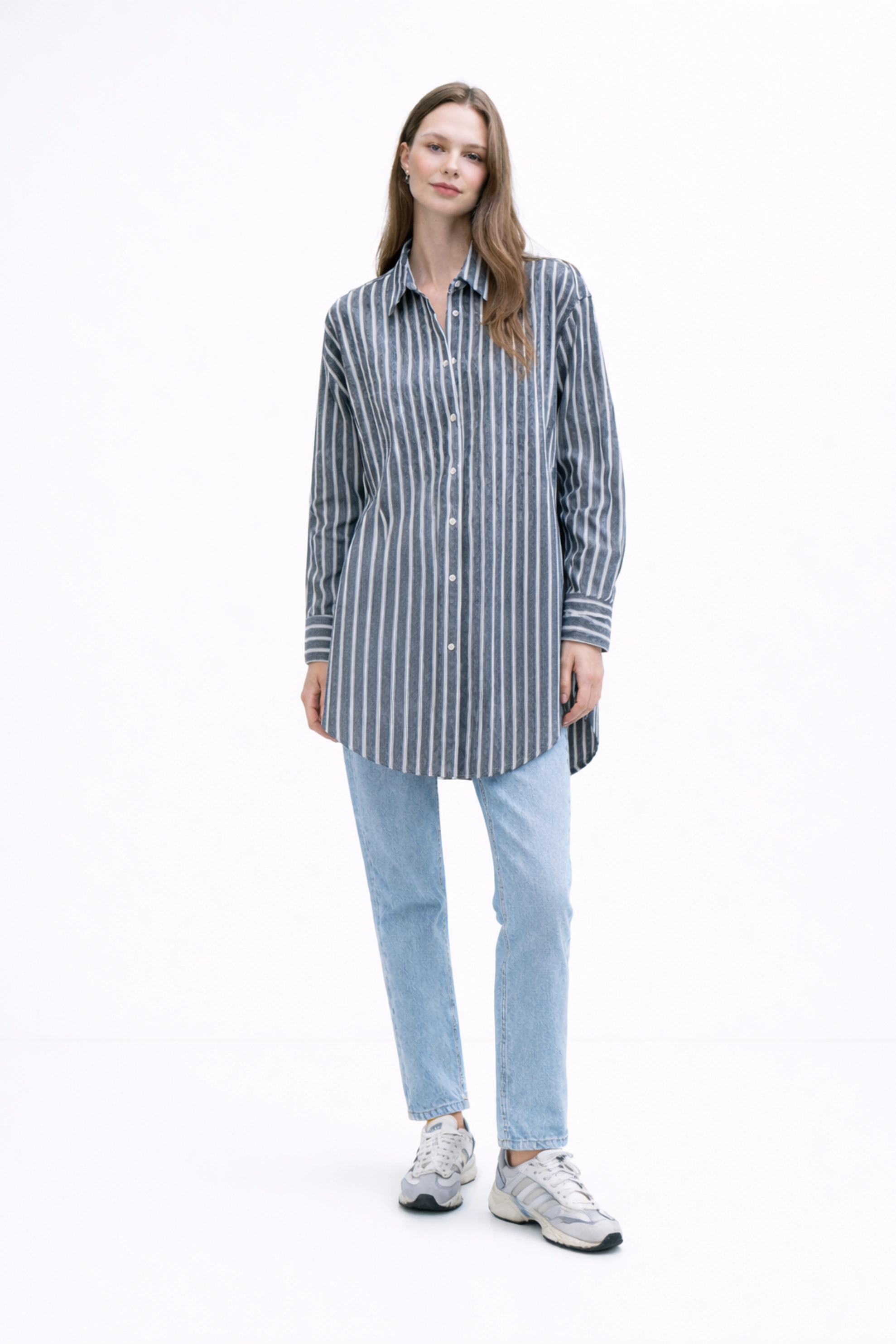 Qanu Oversize Çizgili Gömlek Siyah 