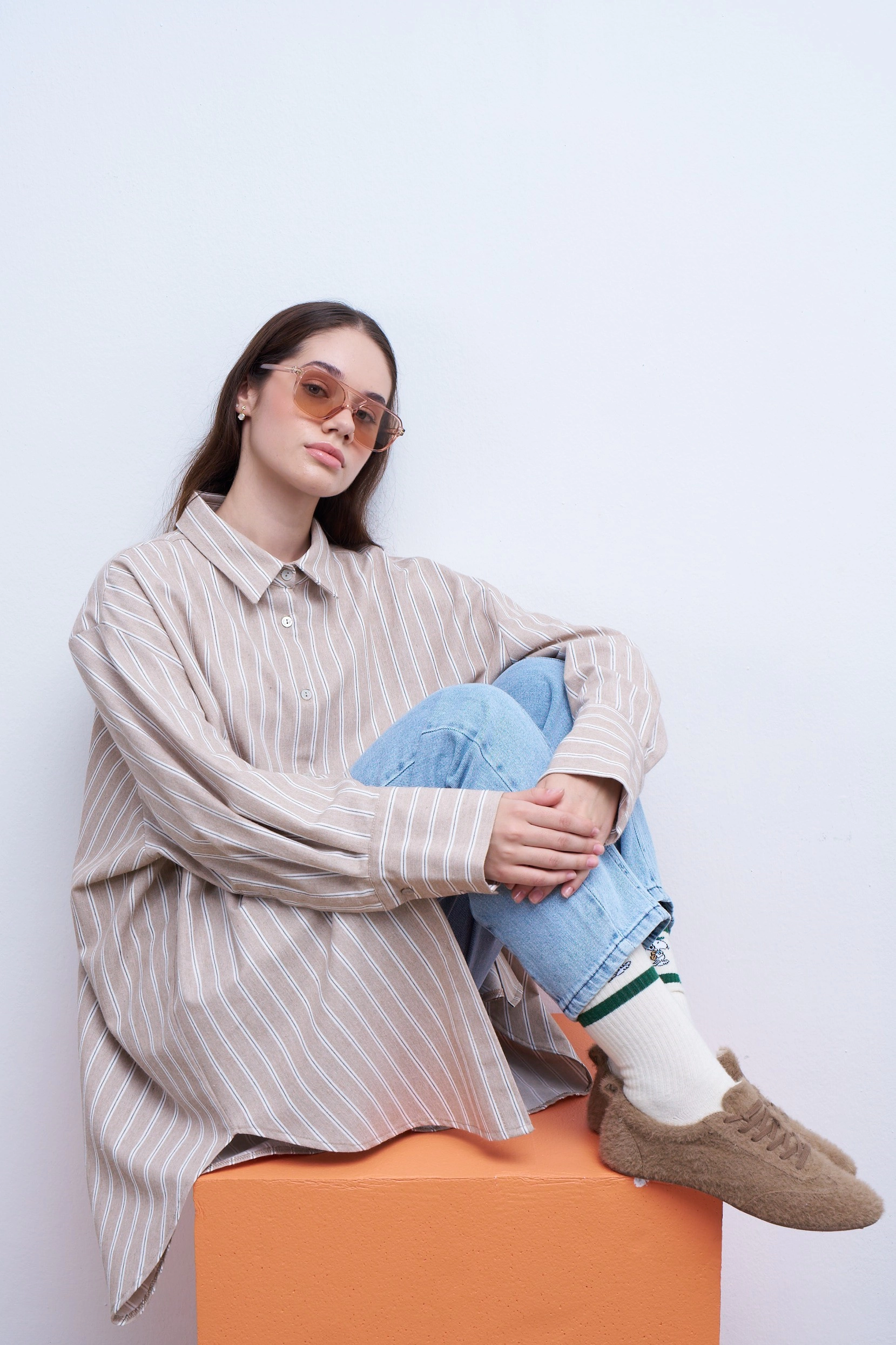 Qanu Oversize Çizgili Gömlek Vizon 