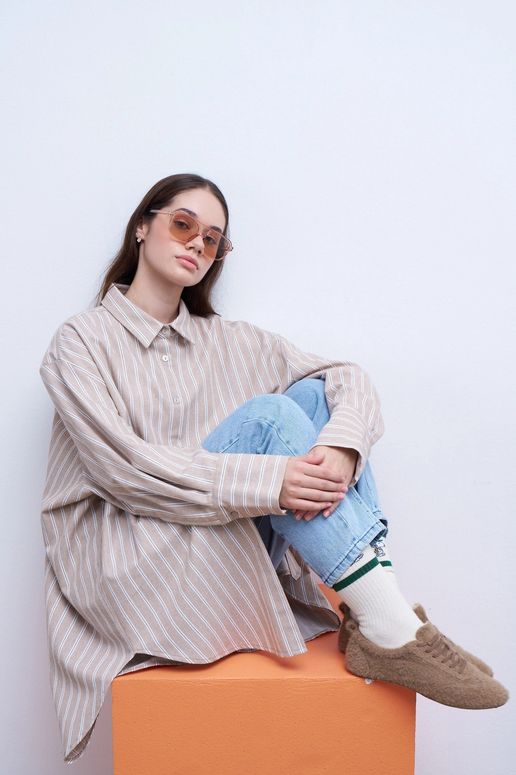 Qanu Oversize Çizgili Gömlek Vizon 