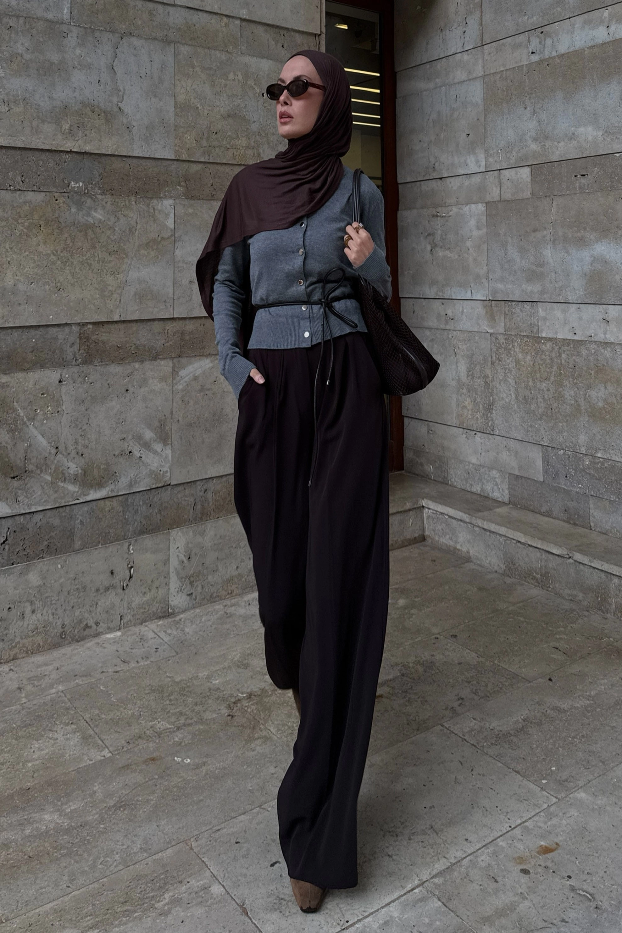 Qanu Palazzo Pantolon Kahverengi - Tesettür Giyim