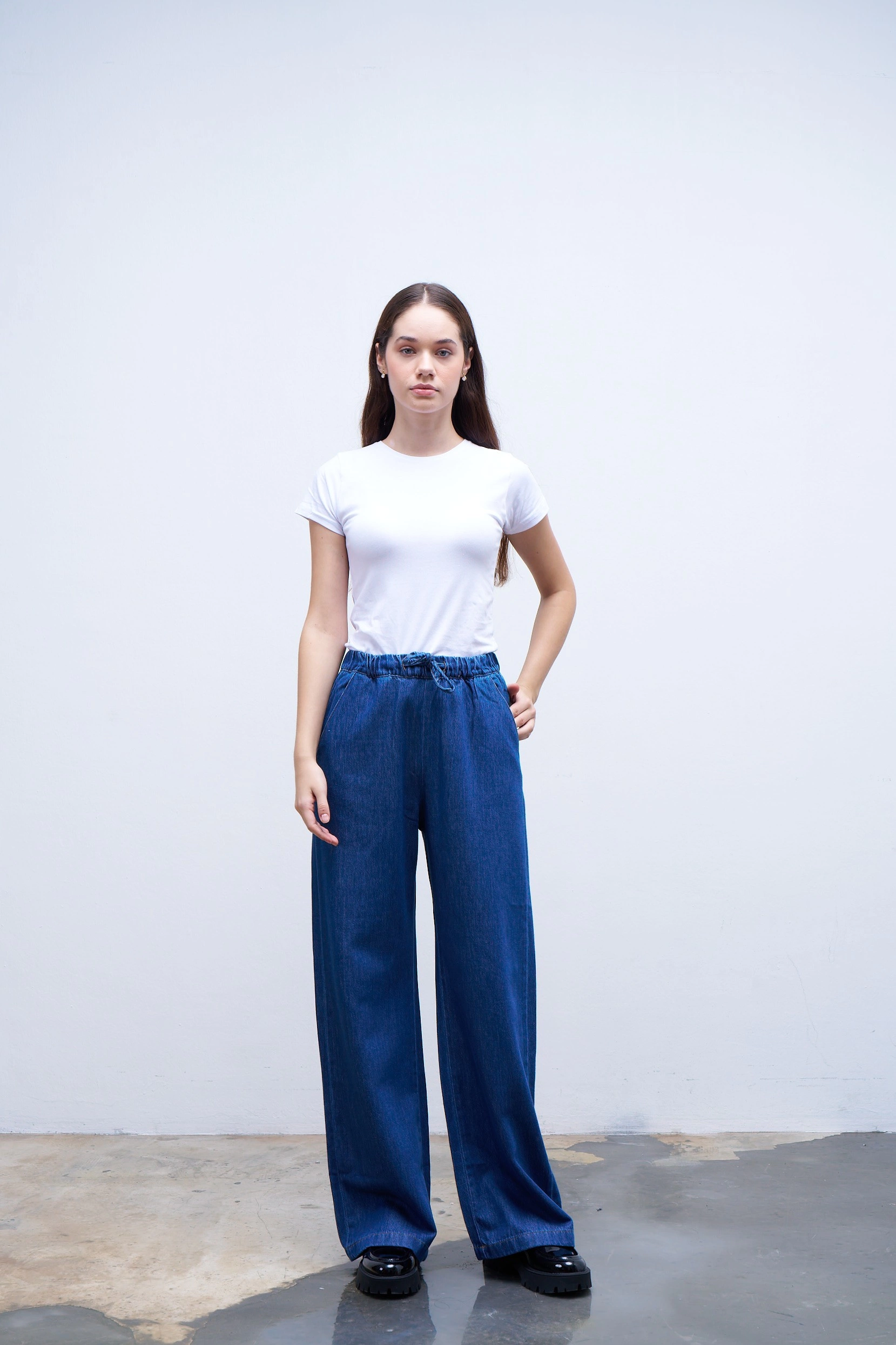 Qanu Pamuklu Bol Paça Pantolon Koyu Mavi 