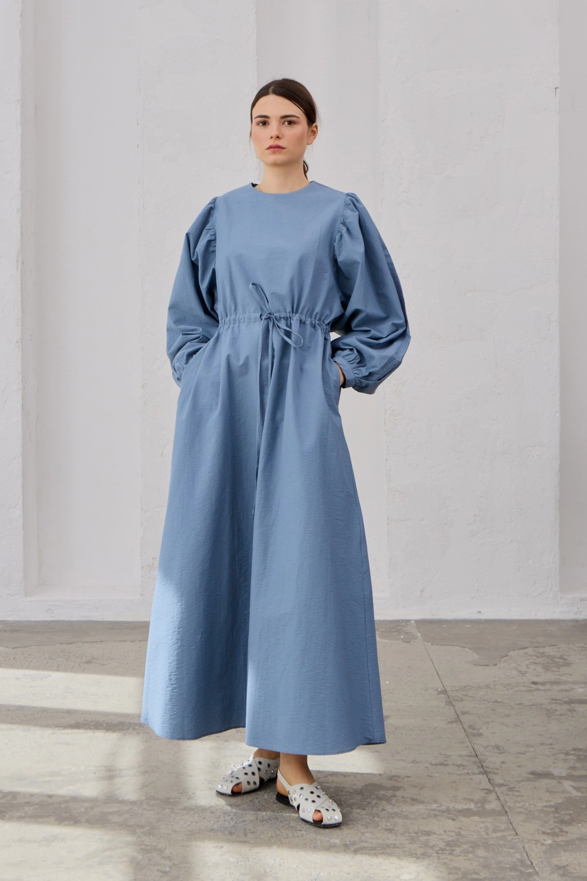 Qanu Pamuklu Büzgülü Elbise İndigo 